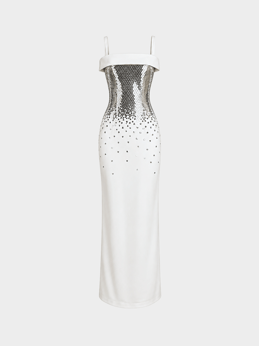 Thierry Mugler 1990s Couture White Crepe Embellished Maxi Dress