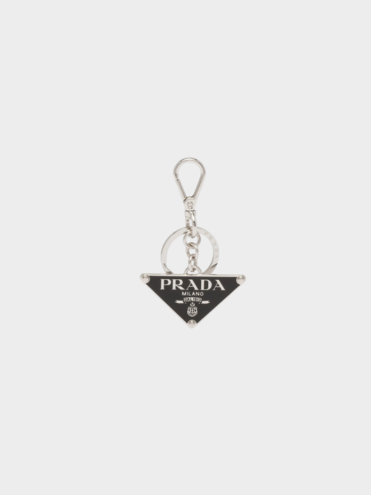 Prada 2020s Black Saffiano Leather Symbole Triangle Keychain Bag Charm