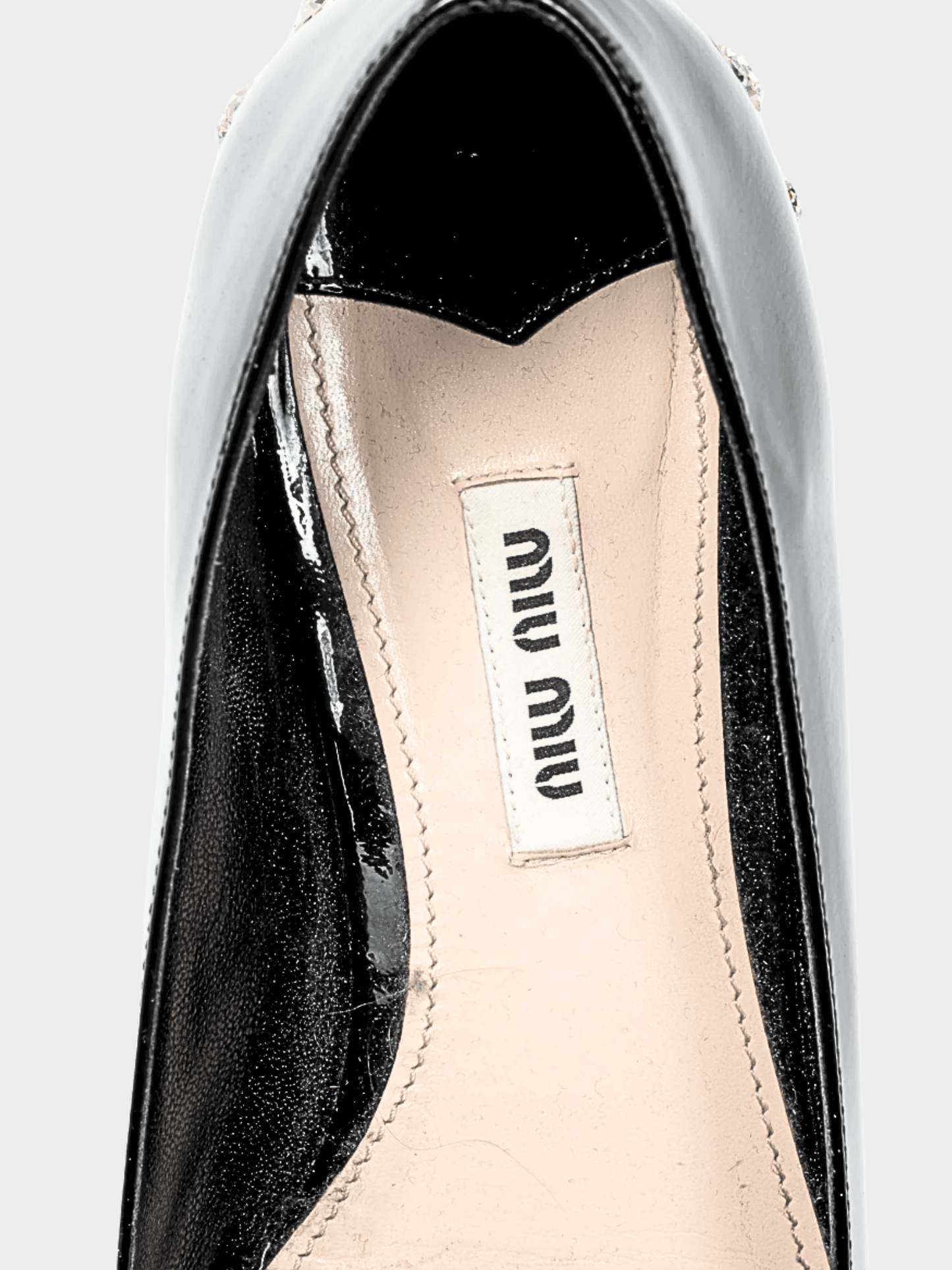 Miu Miu 2010s Black Patent Jewel-Heel Bow Pointed-Toe Flats