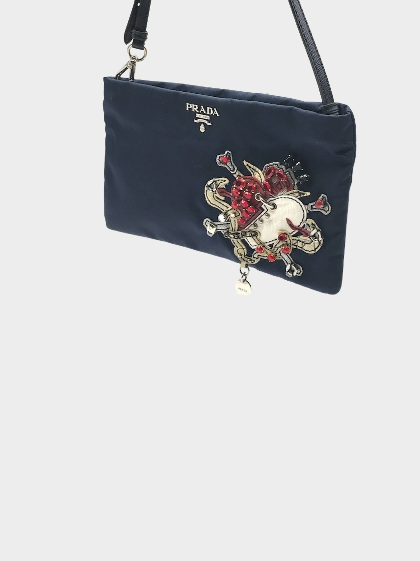 Prada 2000s Navy Blue Heart Motif Triangular Logo Nylon Handbag