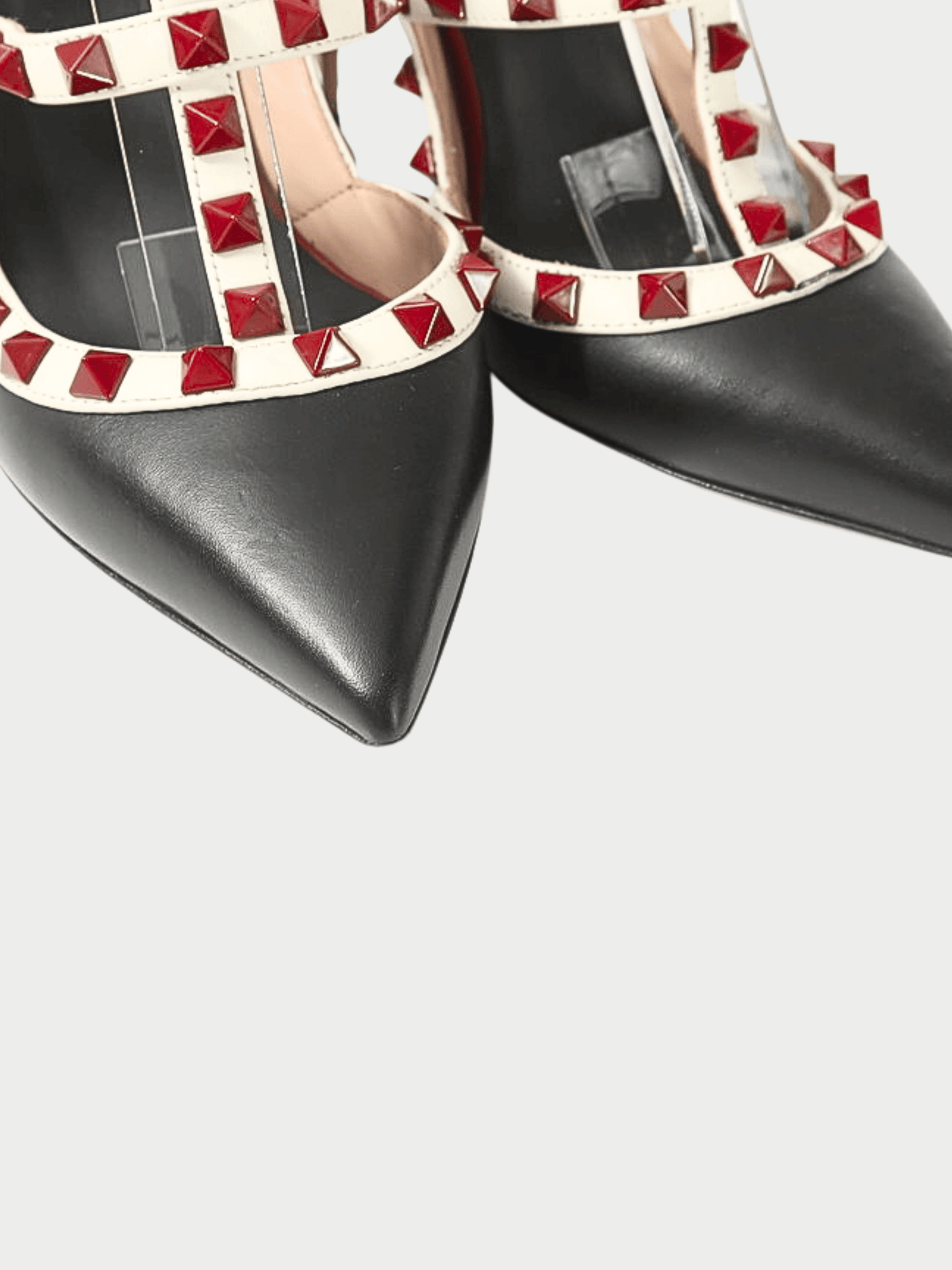 Valentino 2000s Black and Off White Leather Rockstud Ankle Strap Pumps
