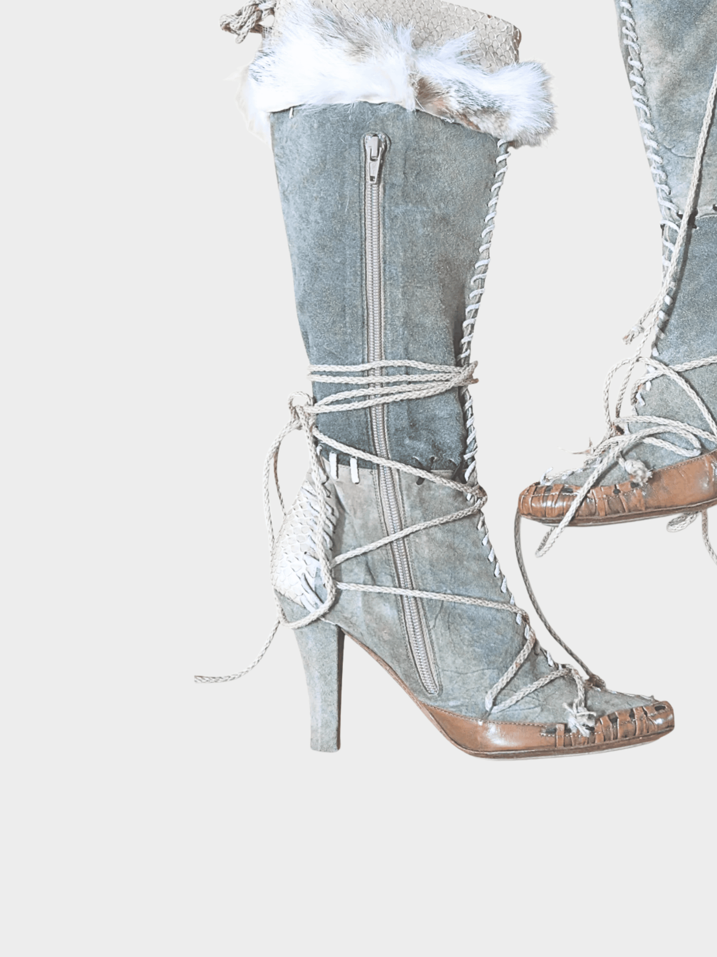 John Galliano 2000s Grey Suede Fur Python Boots