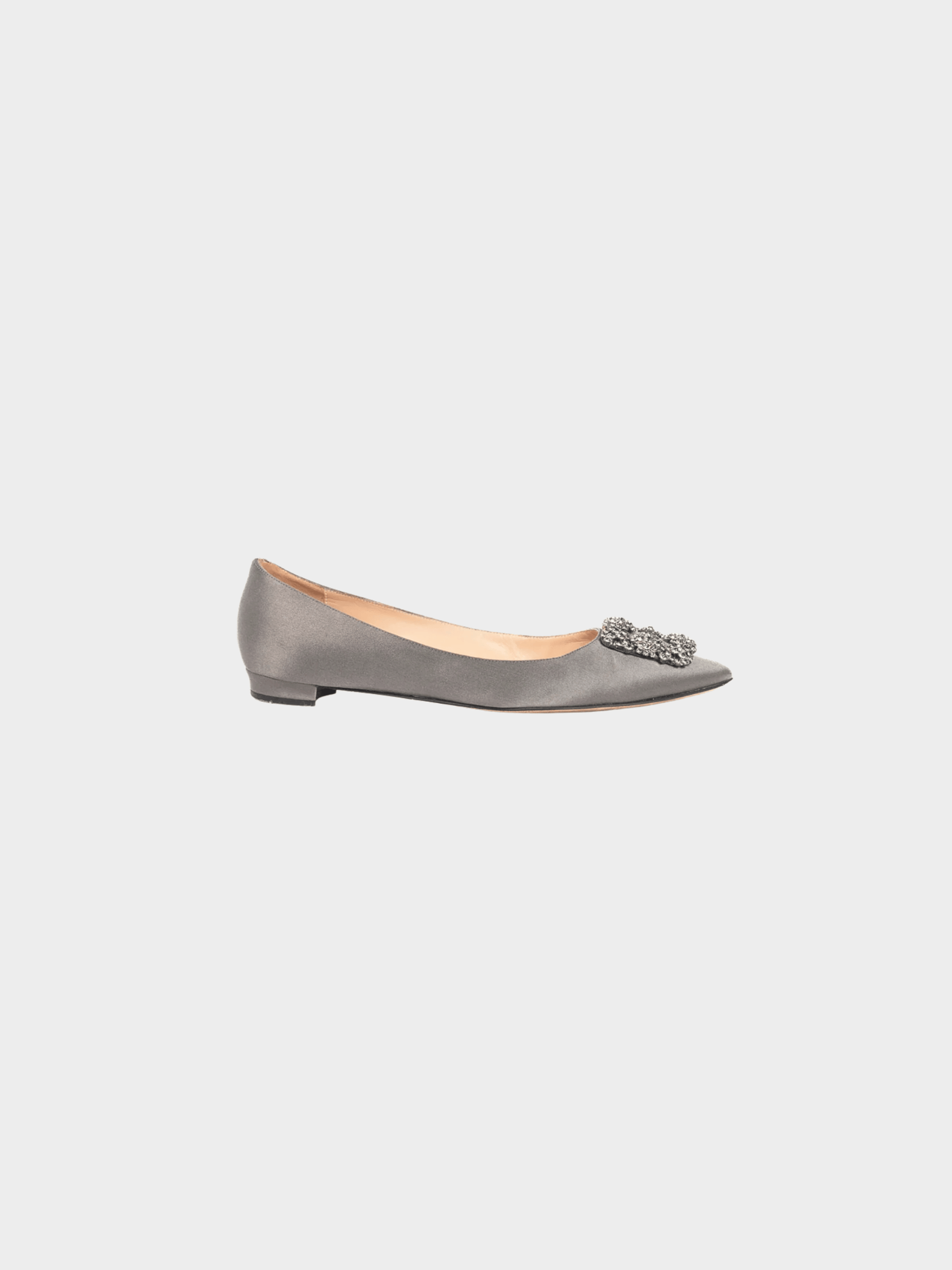 Manolo Blahnik 2010s Hangisi Grey Satin Jewel-Buckle Flats