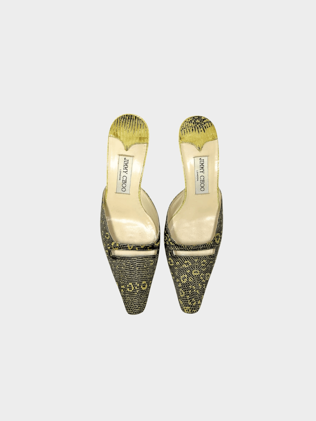 Jimmy Choo 2000s Black and Green Croc Animal Print Mule Heels