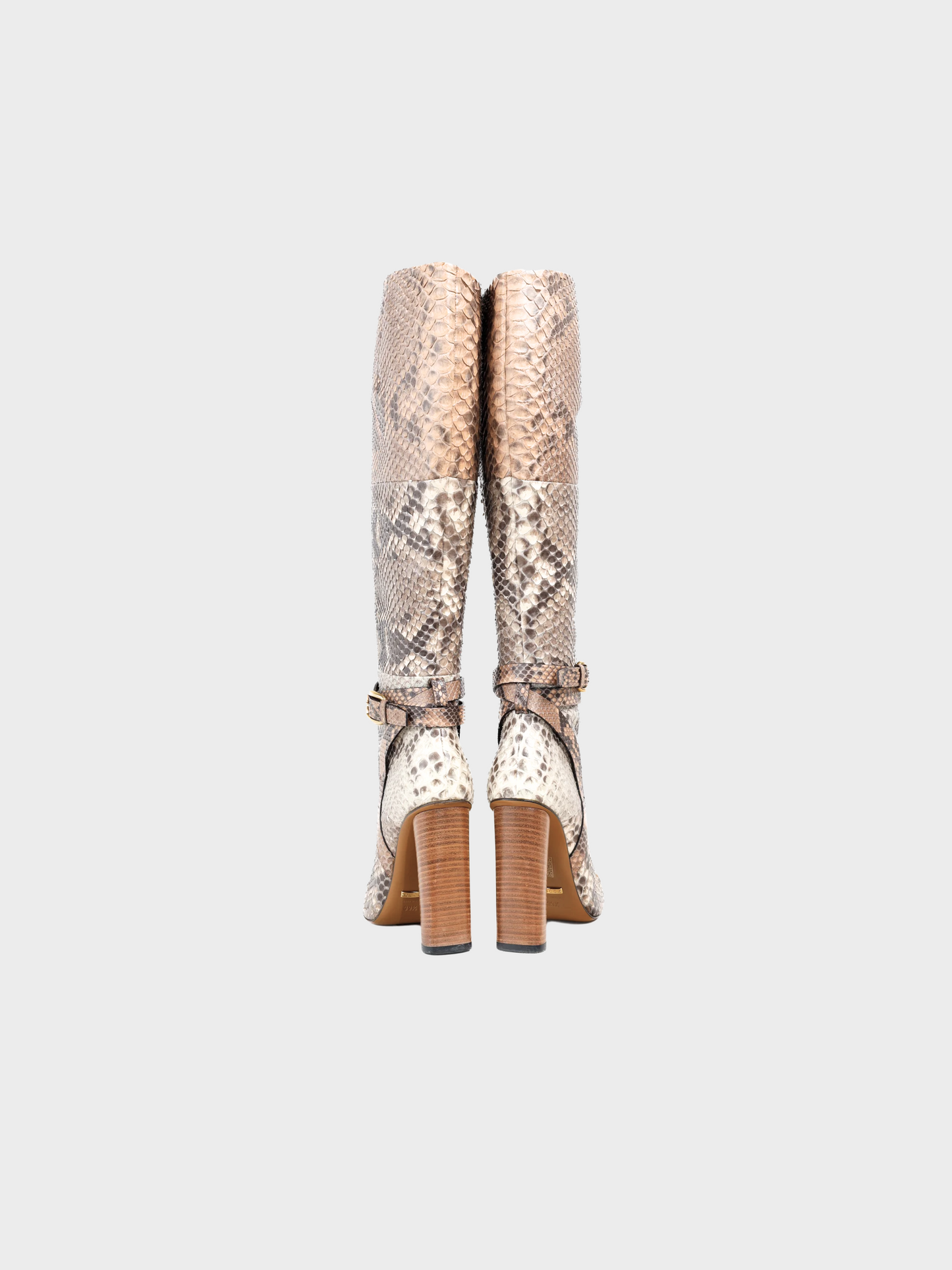 Gucci SS 2015 Beige Runway Biscotto & Taffy Python Buckled Knee-High Boots