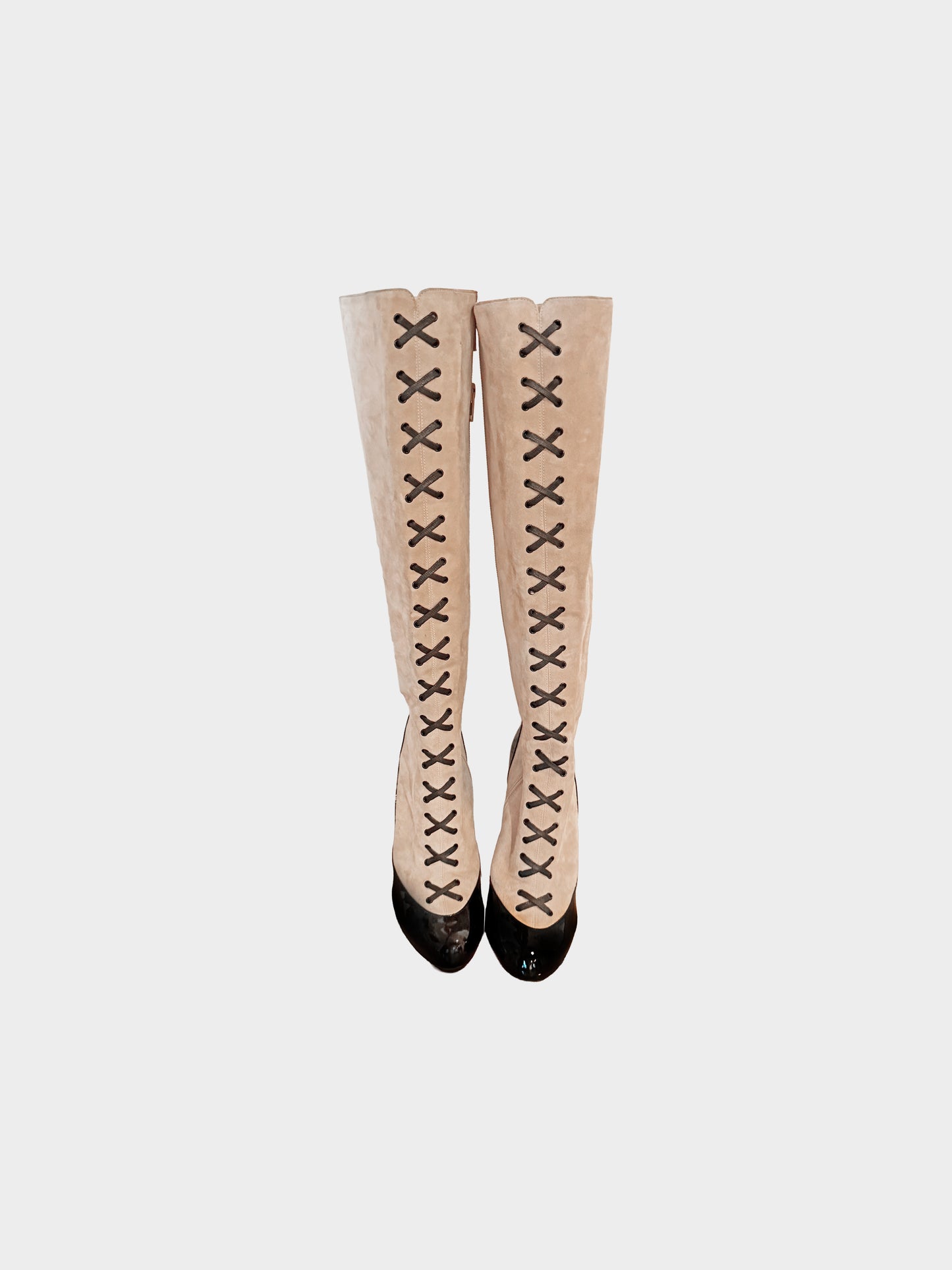Christian Louboutin 2010s Beige Suede and Black Vinyl 'Gwendoline' Stiletto Boots