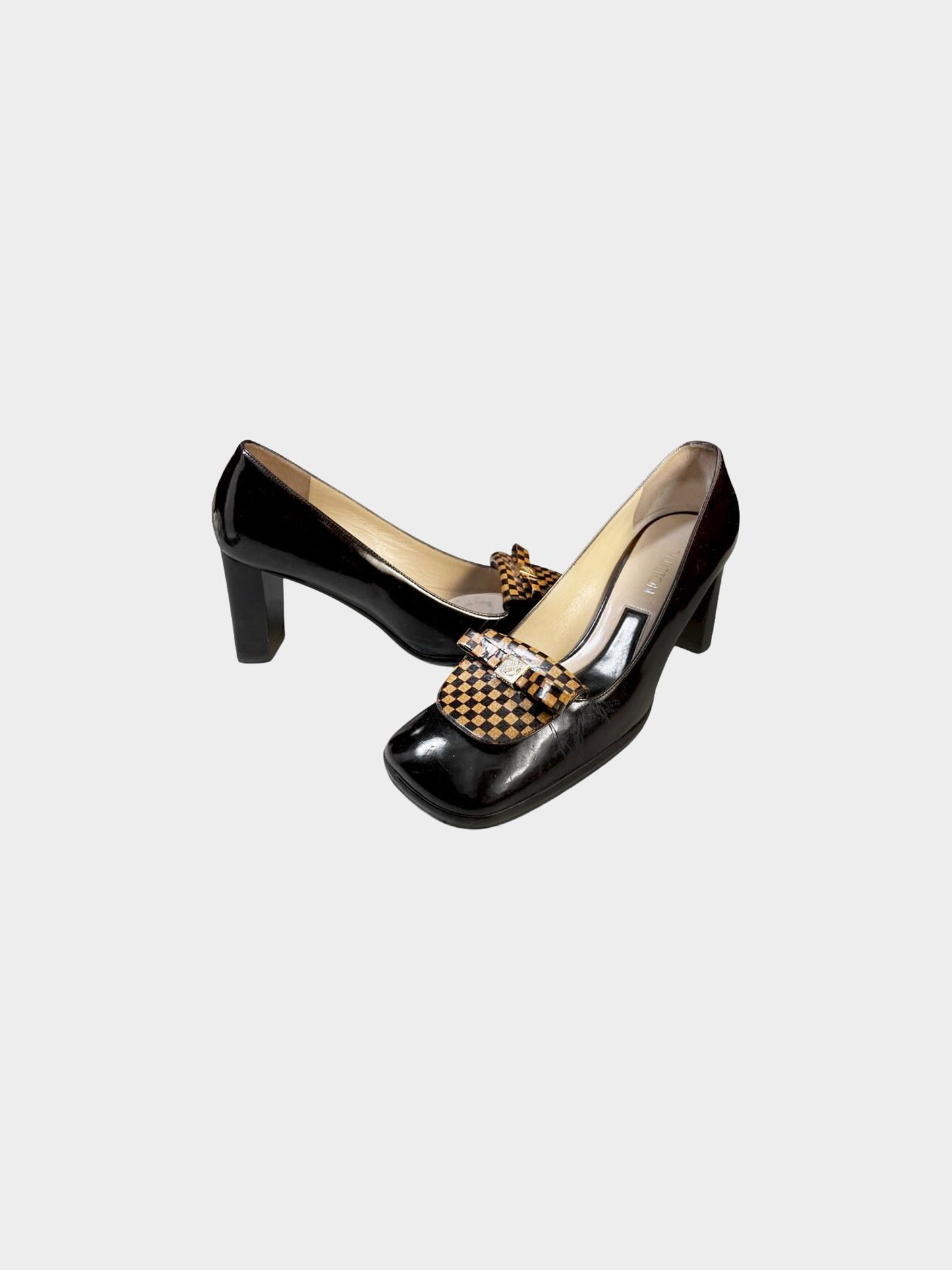 Louis Vuitton 2002 Brown and Black Patent Leather Damier Checkered Mary Jane Pumps