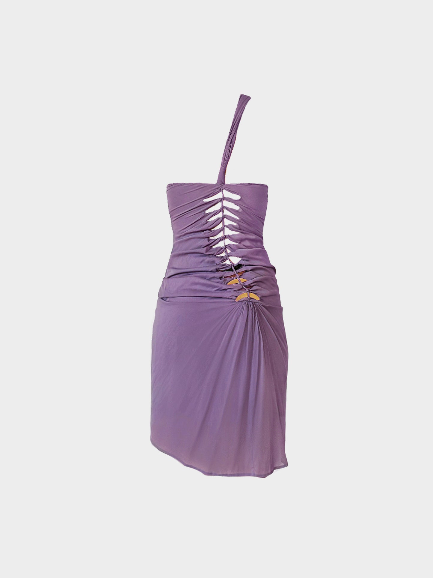 Gucci by Tom Ford SS 2005 Purple Halter Dress with Gold Metal Embellishments