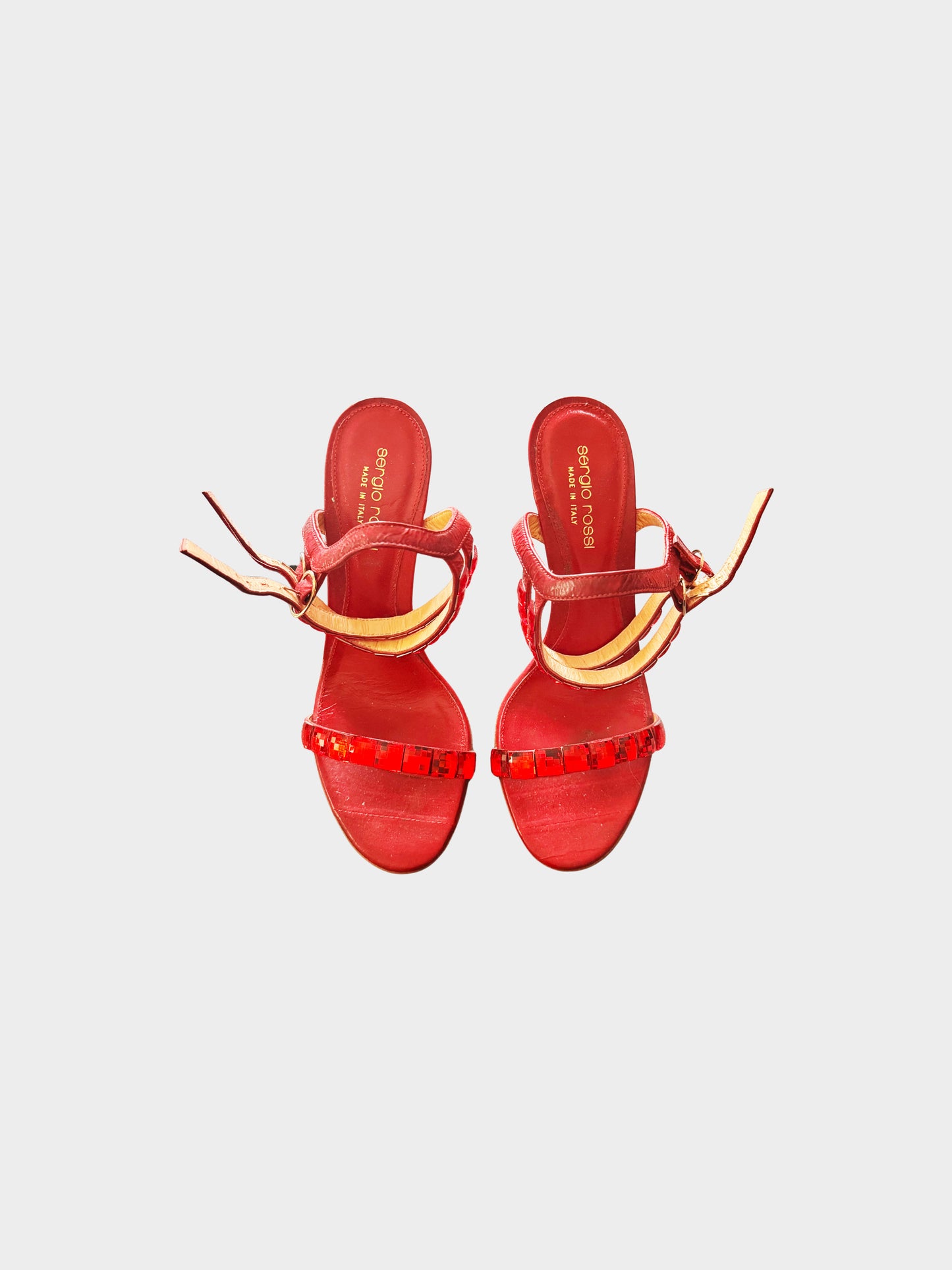 Sergio Rossi 2010s Red Leather Crystal-embellished Sandals