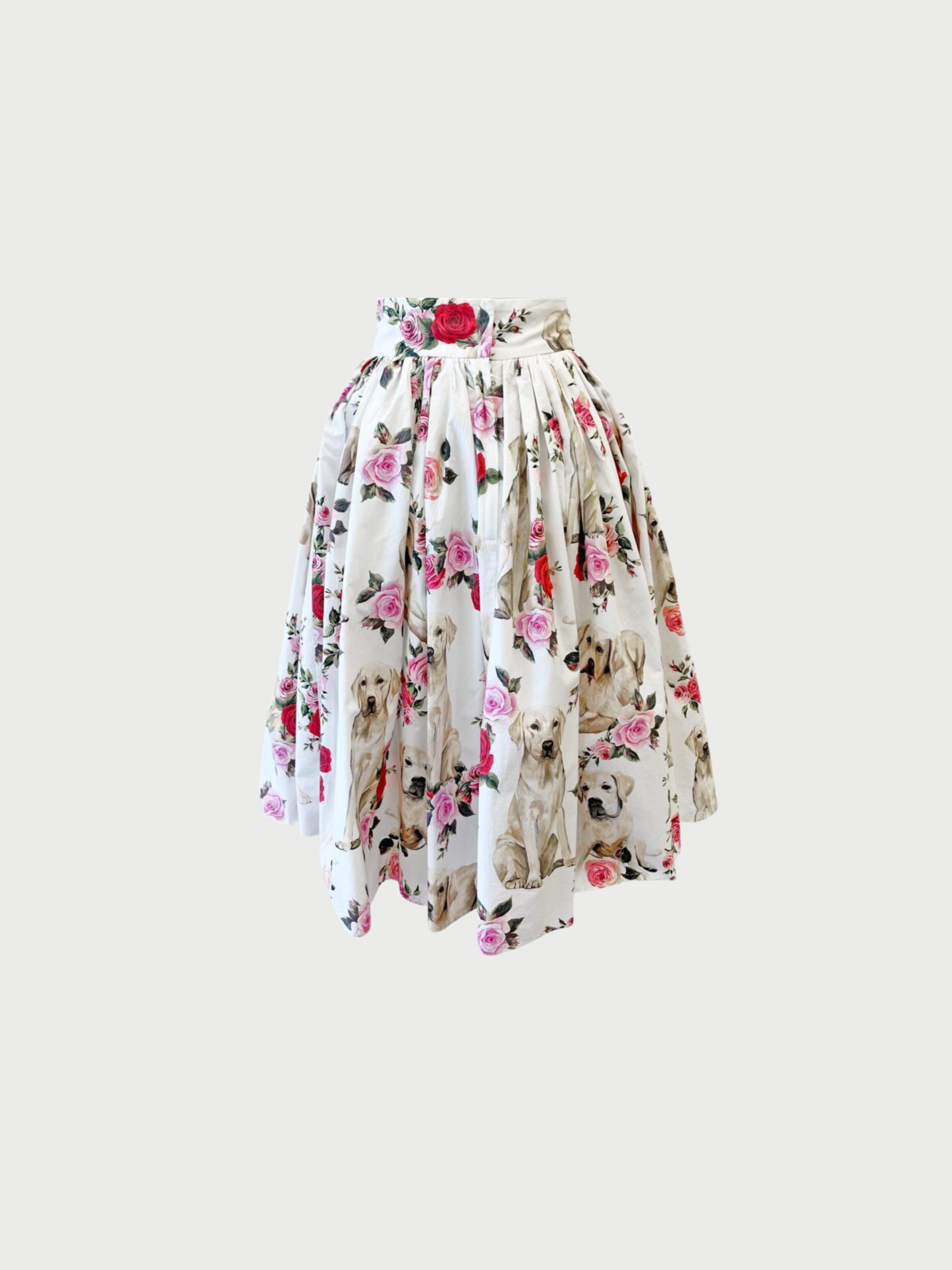 Dolce & Gabbana 2020s White Cotton Labrador Rose Print Full Skirt