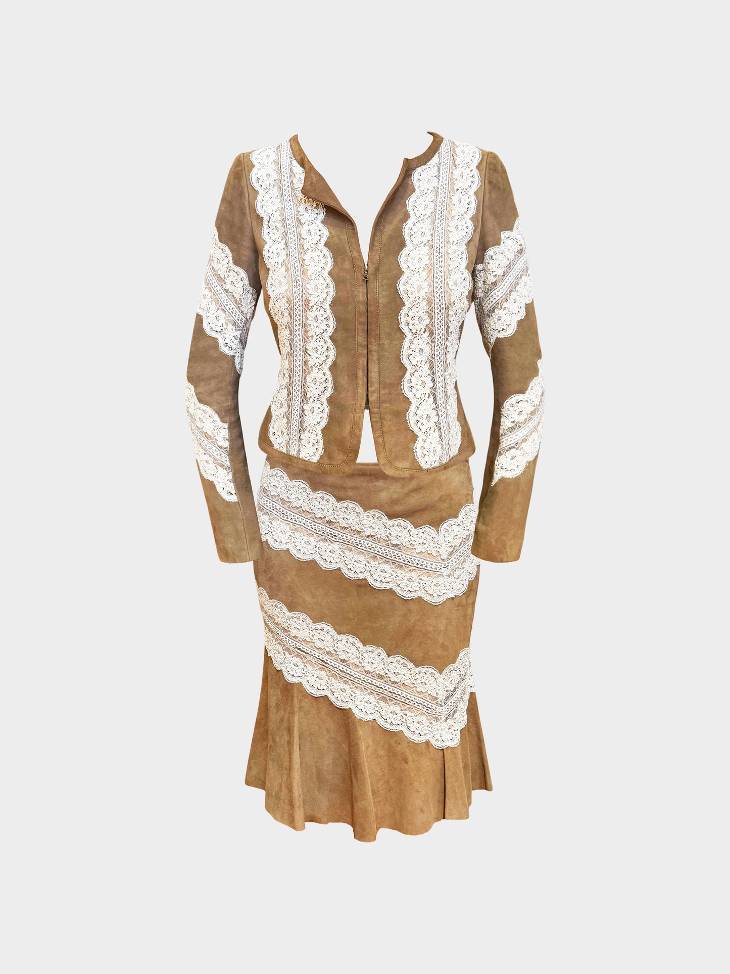 Valentino 1990s Brown Suede and Lace Jacket and Skirt Set