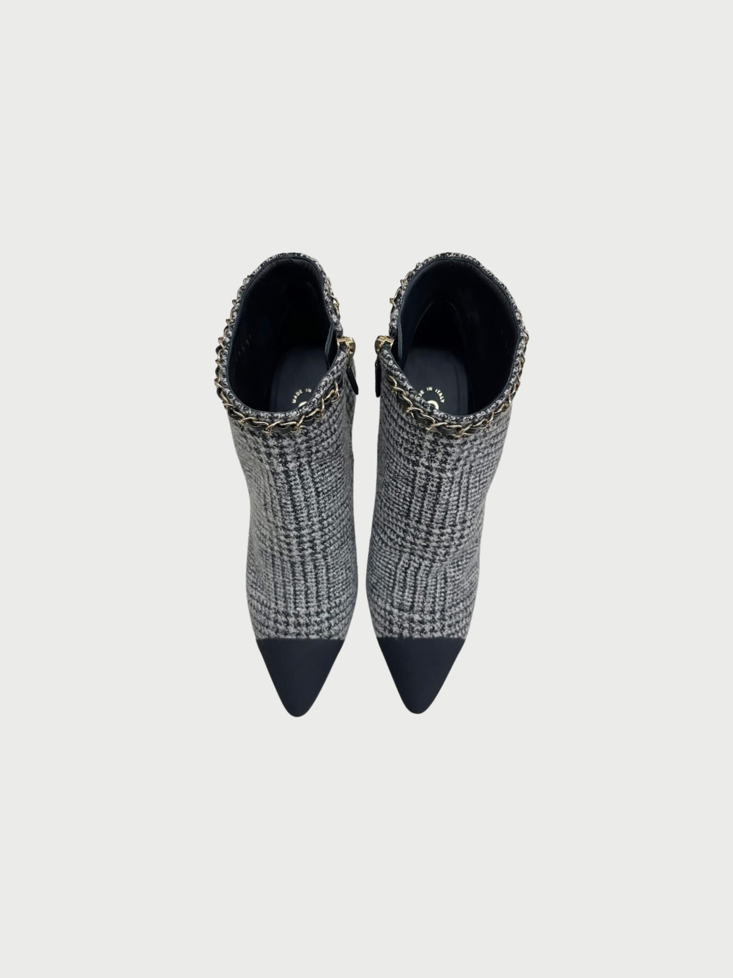 Chanel FW 2019 Black Wool Prince of Wales Check Chain Booties