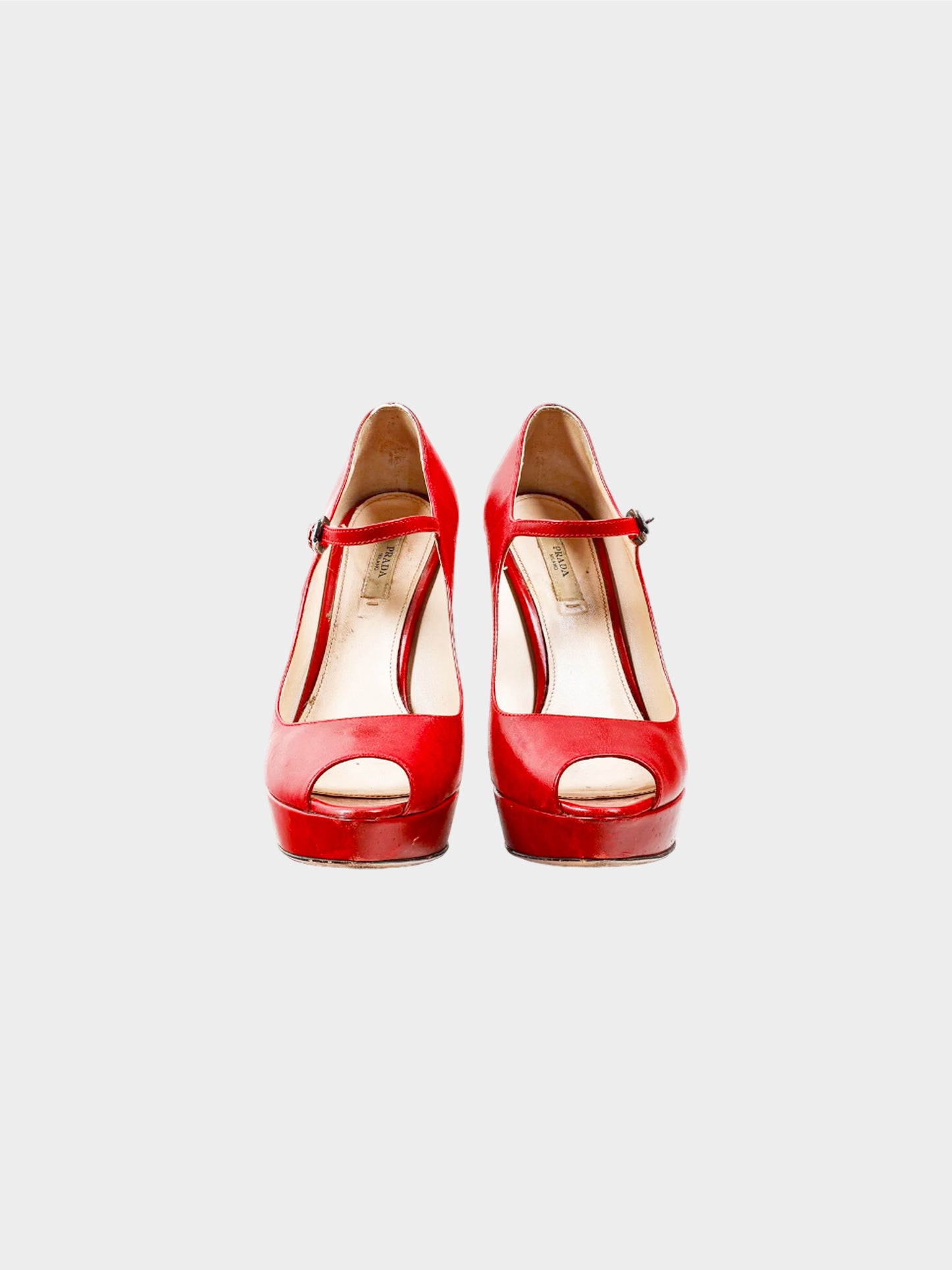 Prada 2010s Red Leather Mary Jane Peeptoe Platform Pumps