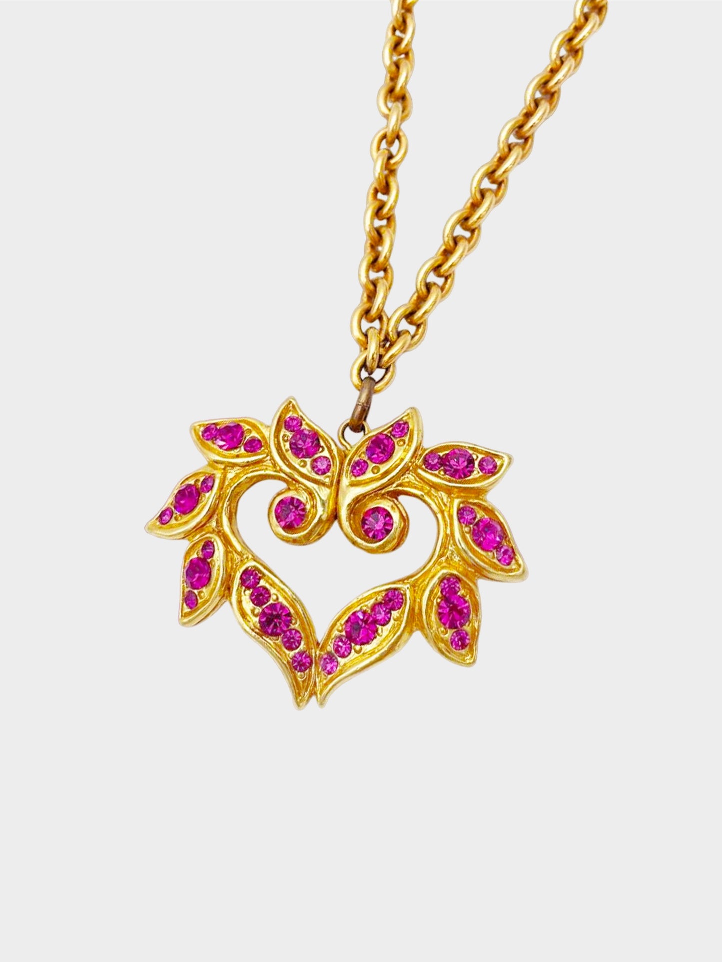 Christian Lacroix 1990s Pink Crystal Heart Pendant Chain Necklace