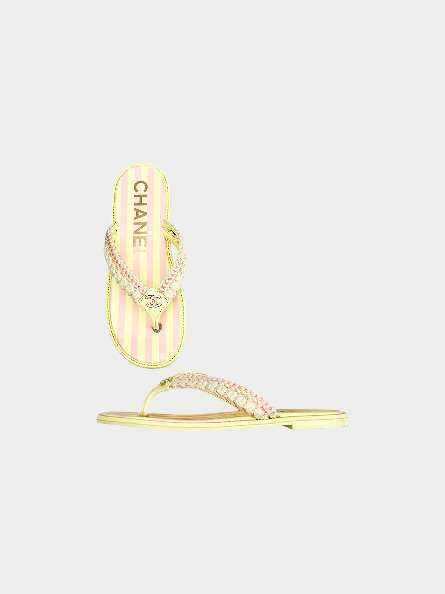 Chanel SS 2024 Yellow and Pink Raffia Thong Beach Sandals