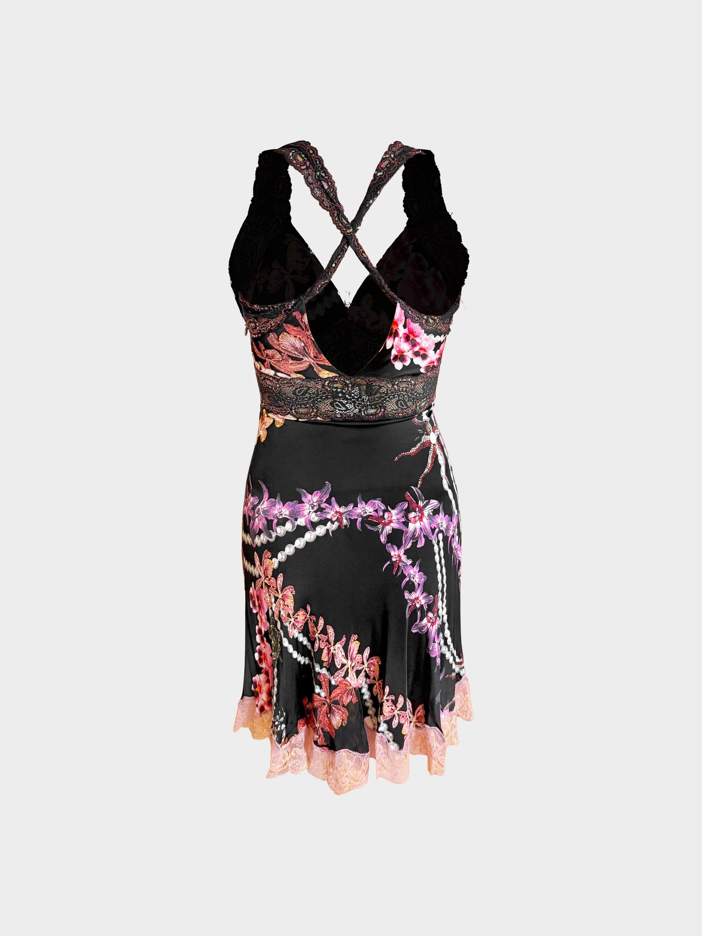 Roberto Cavalli 2000s Black and Multicolor Floral Orchid Print and Lace Dress