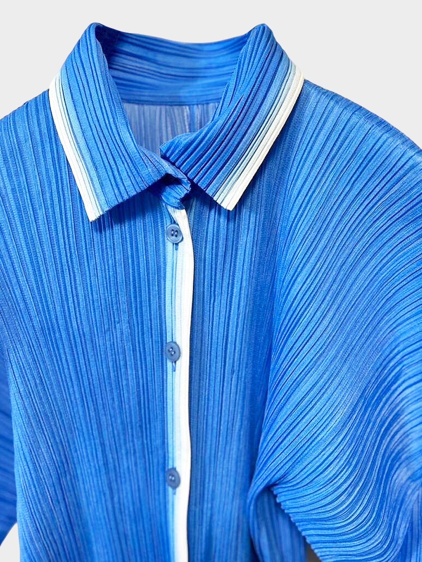 Issey Miyake Pleats Please 2000s Blue and White Trim Button-up Shirt
