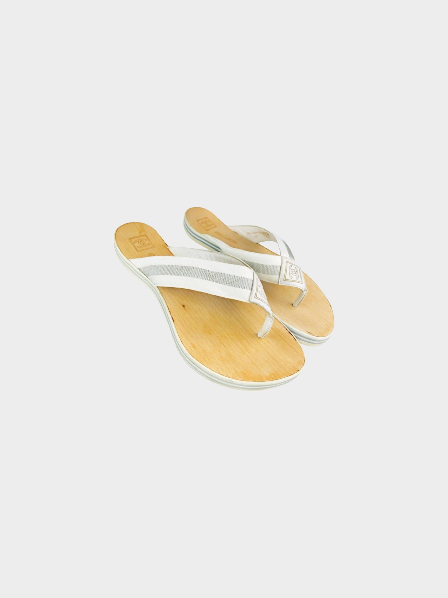 Chanel Sport Mid-2000s White Canvas and Leather Wooden Thong Sandals