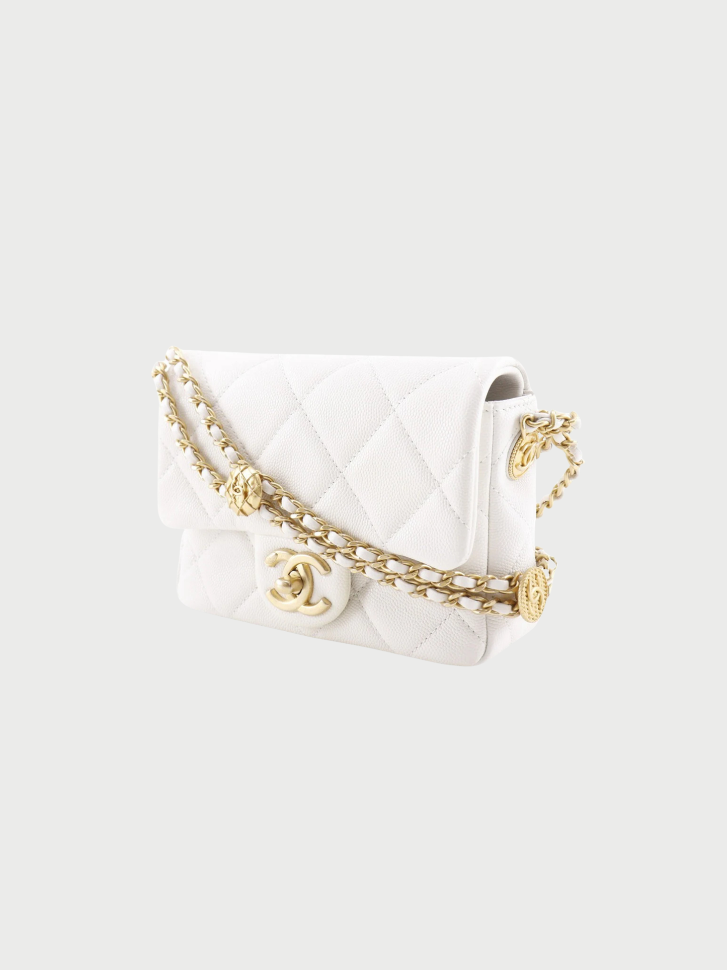 Chanel 2010s White Caviar Leather Matelassé Flap Shoulder Bag