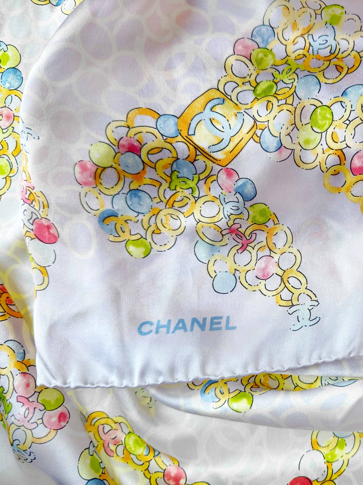 Chanel 1990s Multicolor Coco Printed Silk Scarf