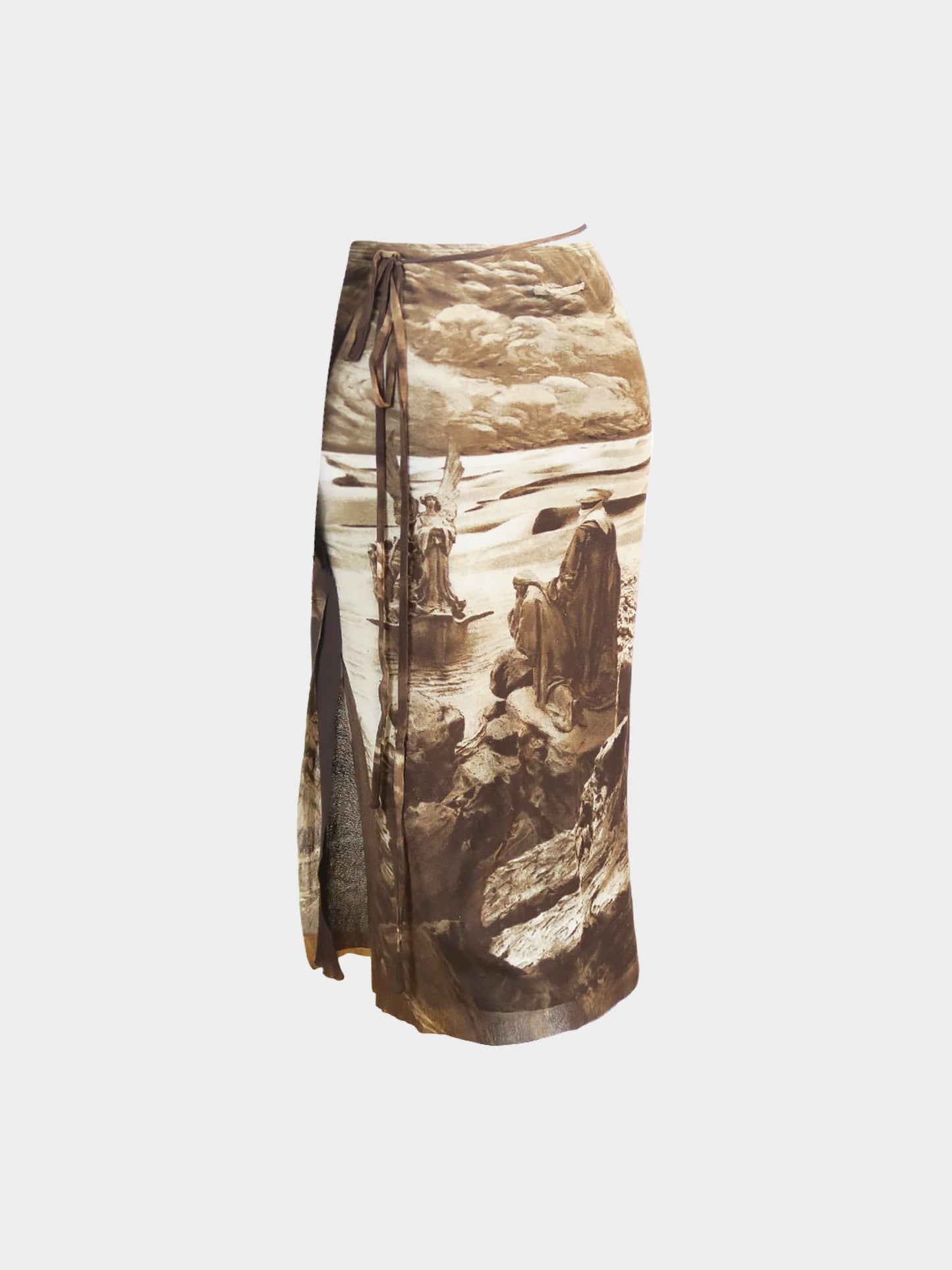 Jean Paul Gaultier SS 1998 Brown Bedouin and Dragon Printed Paréo Wrap-up Maxi Mesh Skirt