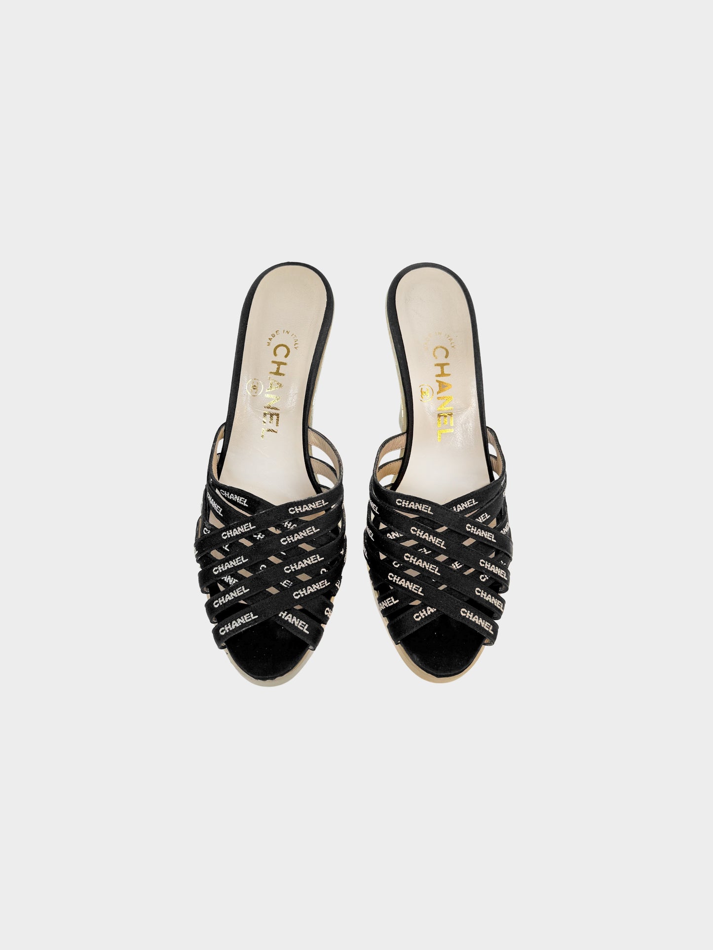 Chanel SS 1997 Black Ribbon Logo PVC Heeled Mules