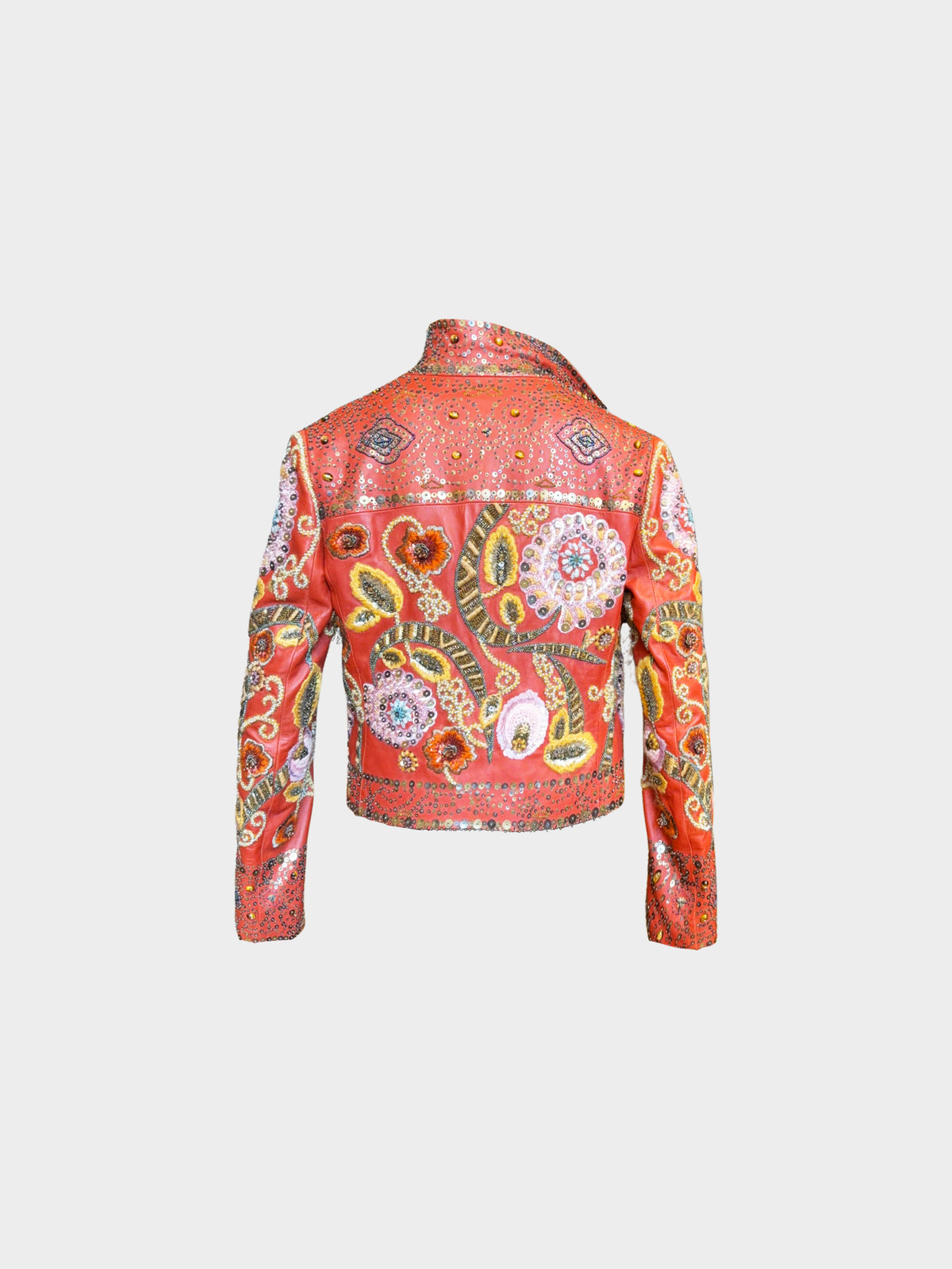 Valentino FW 2003 Orange Lambskin Leather Floral Embroidered Beads and Sequins Evening Jacket
