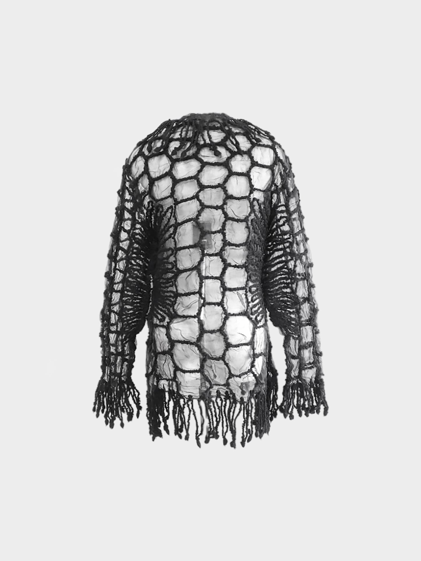 Yoshiki Hishinuma 2000s Black See-through Knitted Wool and Fringed Jacket