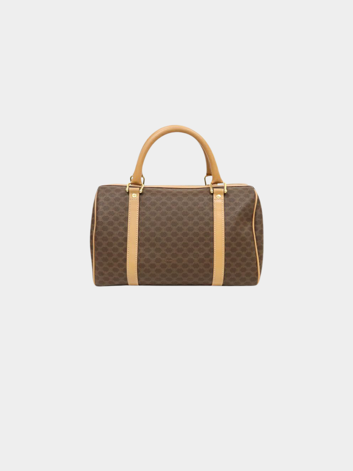 Celine 1990s Brown PVC and Leather Macadam Blazon Embossed Boston Bag