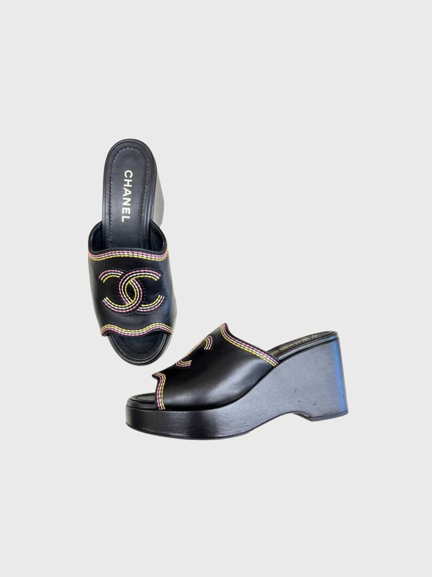 Chanel 2000s Black Leather CC Logo Wedge Sandals