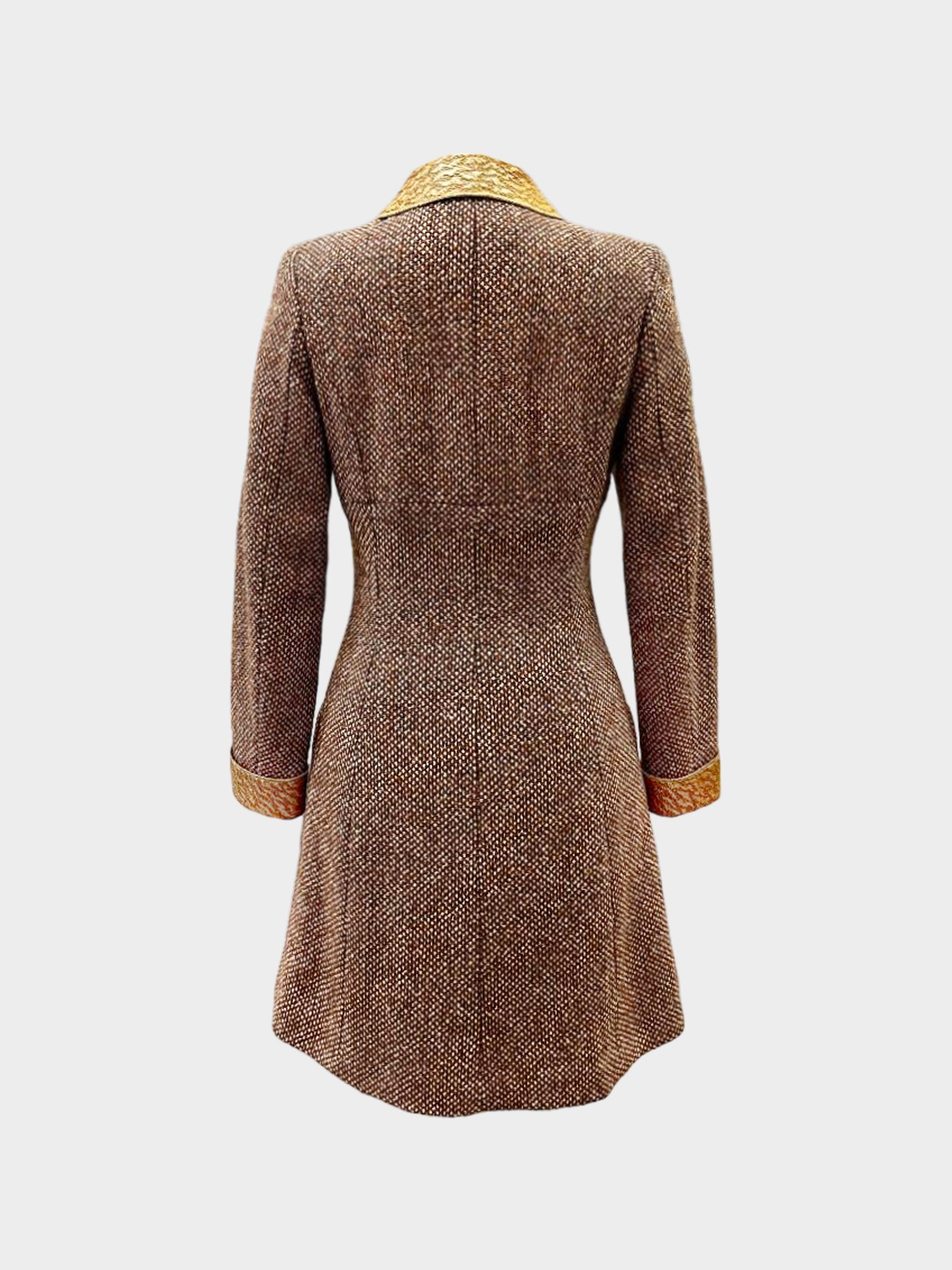 Chanel 1996 Brown Tweed Coat with Gold Brocade Trim