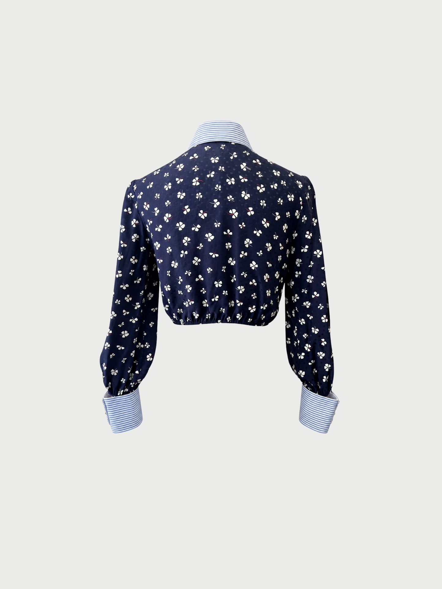 Prada 2020s Navy Silk Clover Logo Print Crop Top