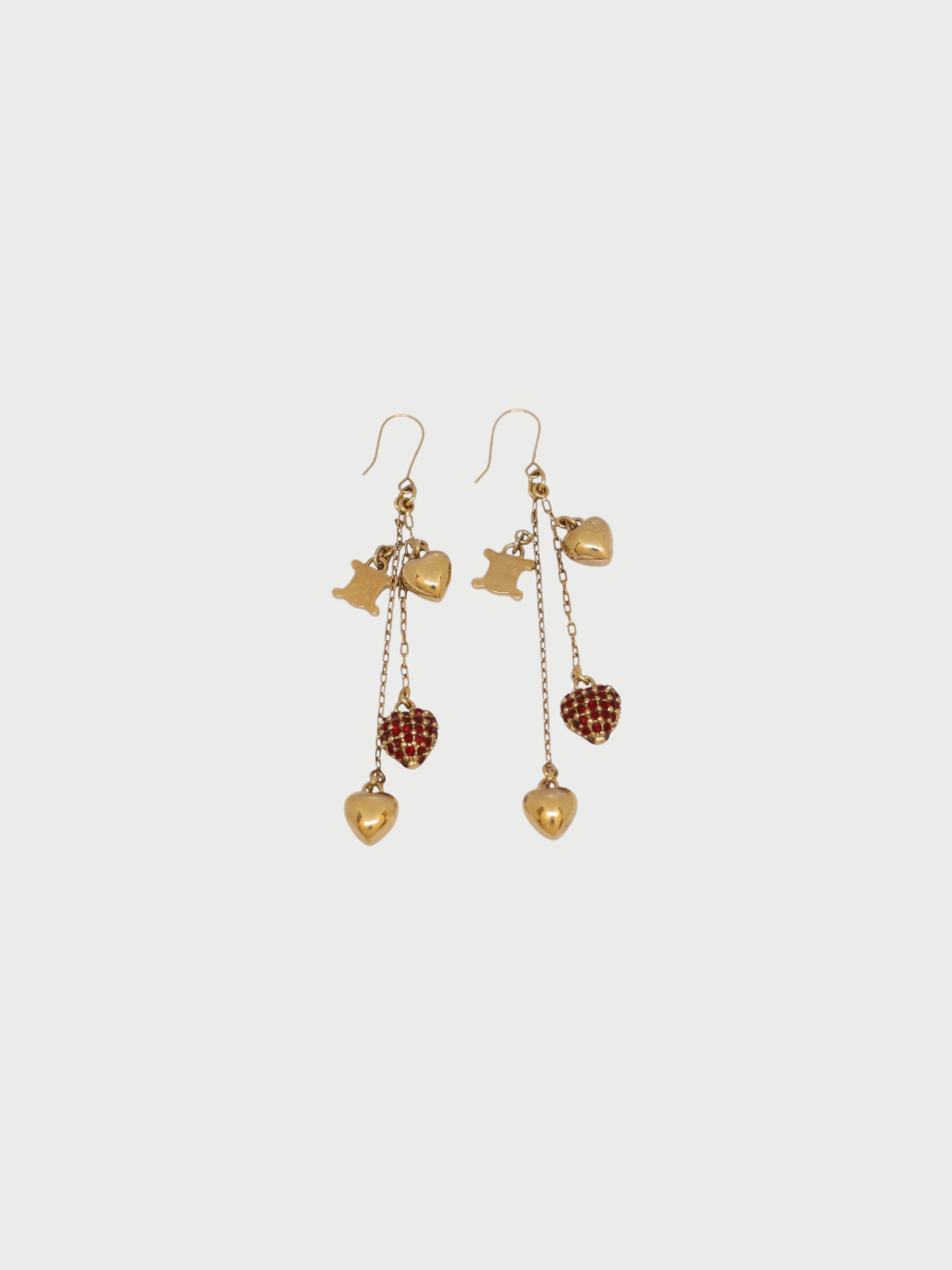 Celine 2000s Gold Red Plated Metal Triomphe Heart Motif Earrings