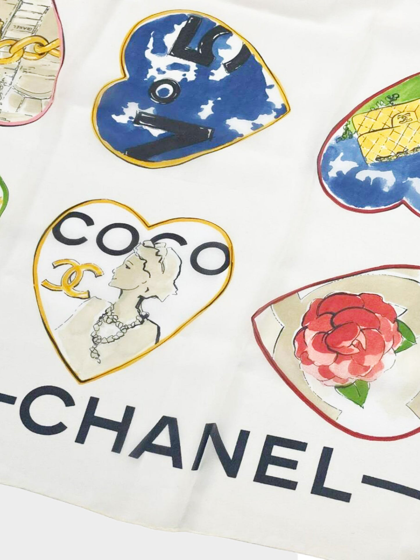 Chanel 2000s Rare Multicolor Heart Motif and Coco Mark Print Large Silk Scarf