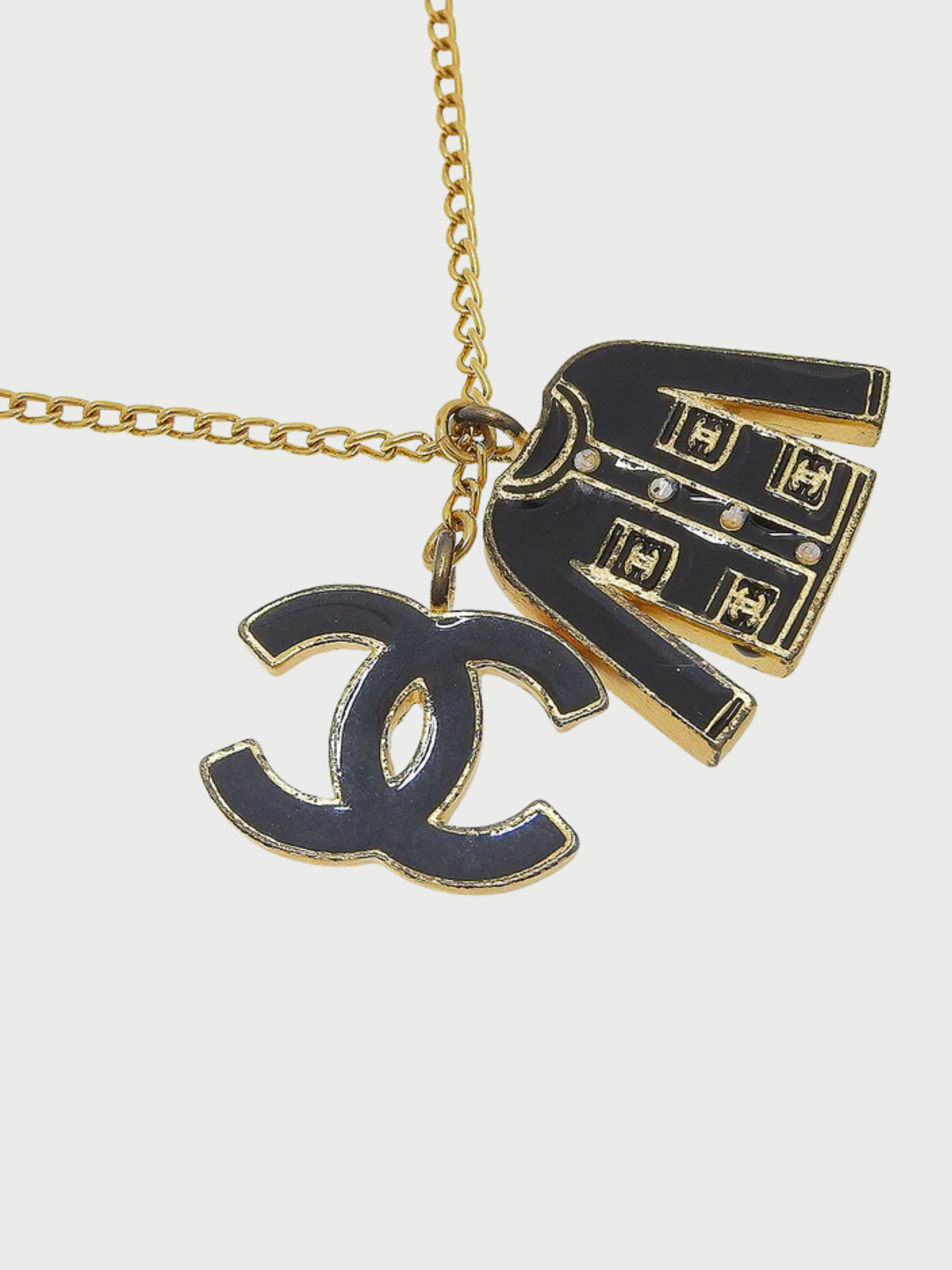 Chanel 2002 Black Gold Plated Jacket Motif COCO Mark Necklace