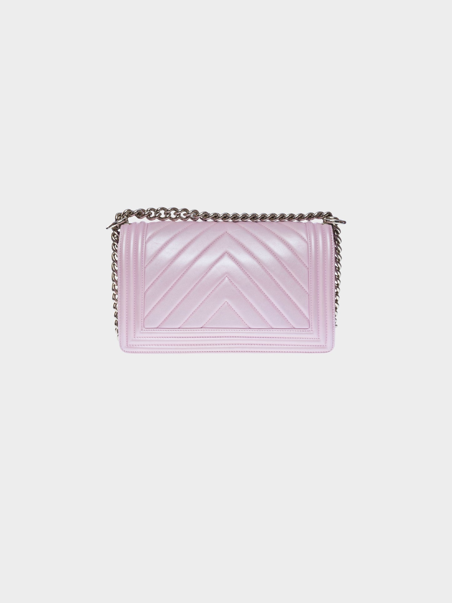 Chanel 2018 Metallic Lilac Lambskin Chevron Stitch Medium Boy Flap Bag