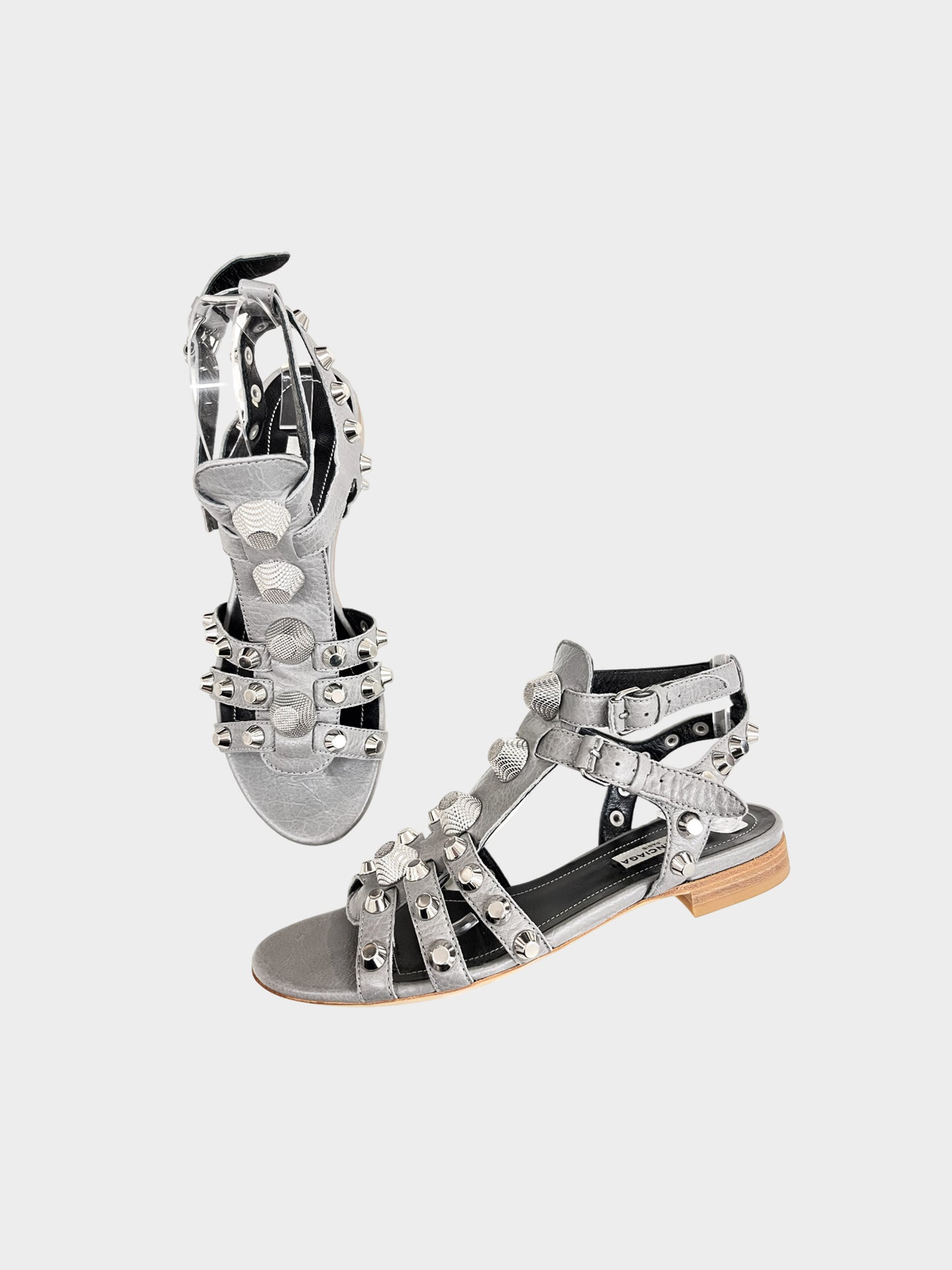 Balenciaga 2010s Grey Leather Studded Gladiator Flat Sandals