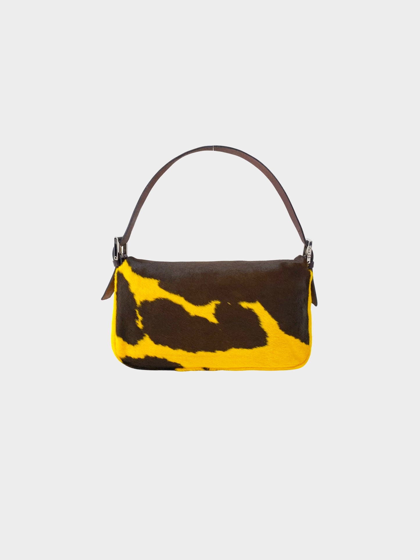 Fendi 2000s Yellow and Brown Pony Hair Cow Print Baguette