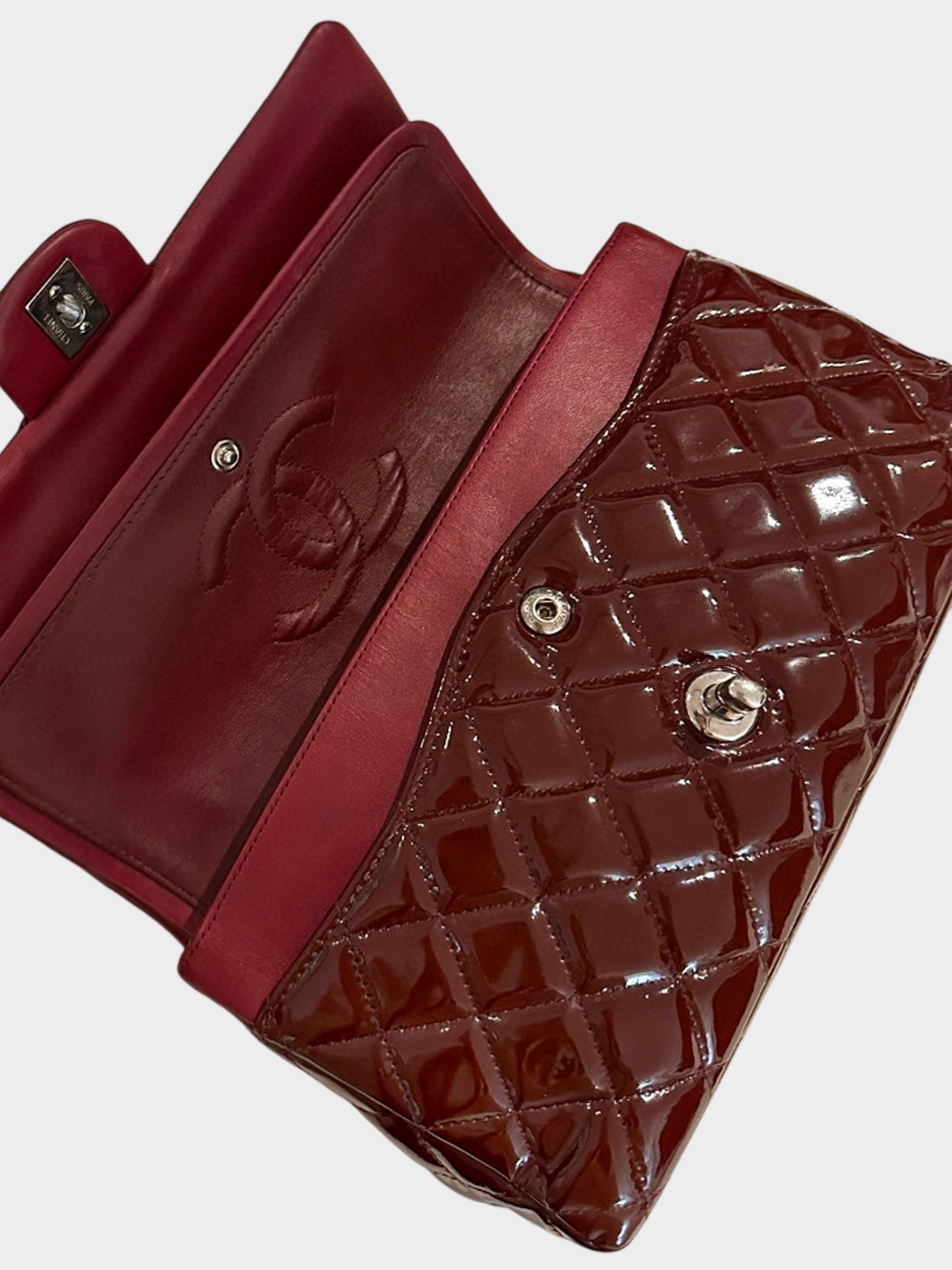 Chanel 2009-2010 Burgundy Patent Leather Classic Medium Double Flap Bag