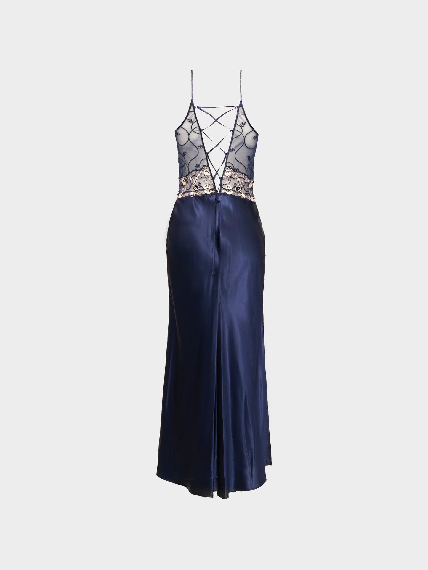 La Perla 2000s Navy and Beige Floral Lace and Silk Night Dress
