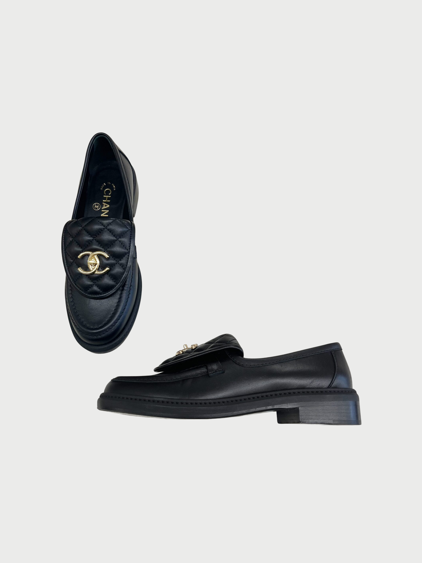 Chanel FW 2020-2021 Black Quilted Leather Turn Lock Loafers