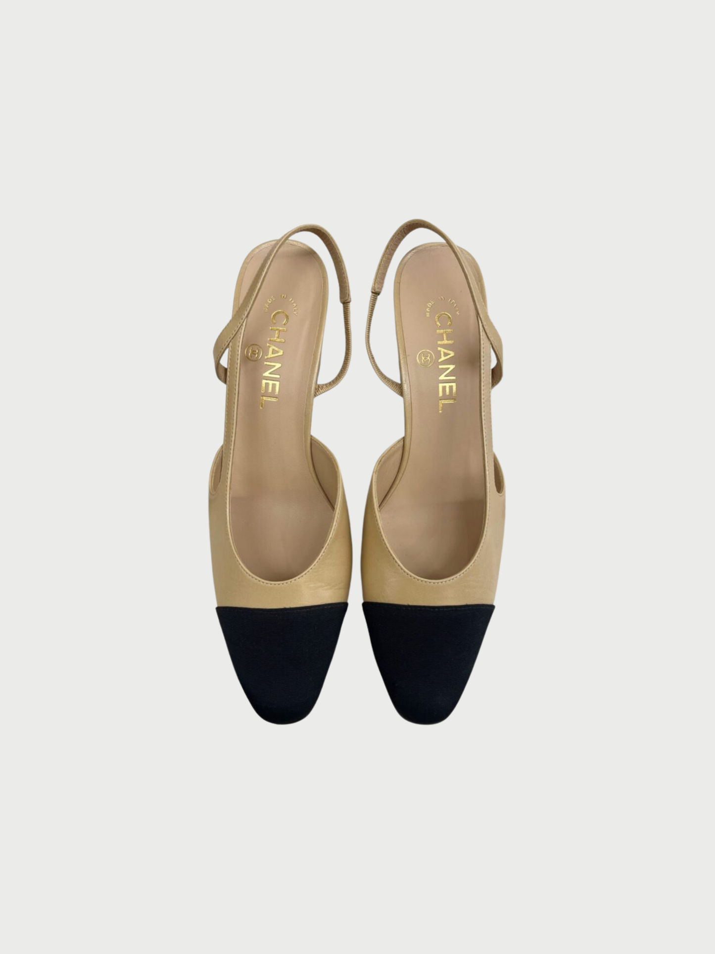Chanel 2015 Beige Goatskin Leather Black Grosgrain Slingback Heels
