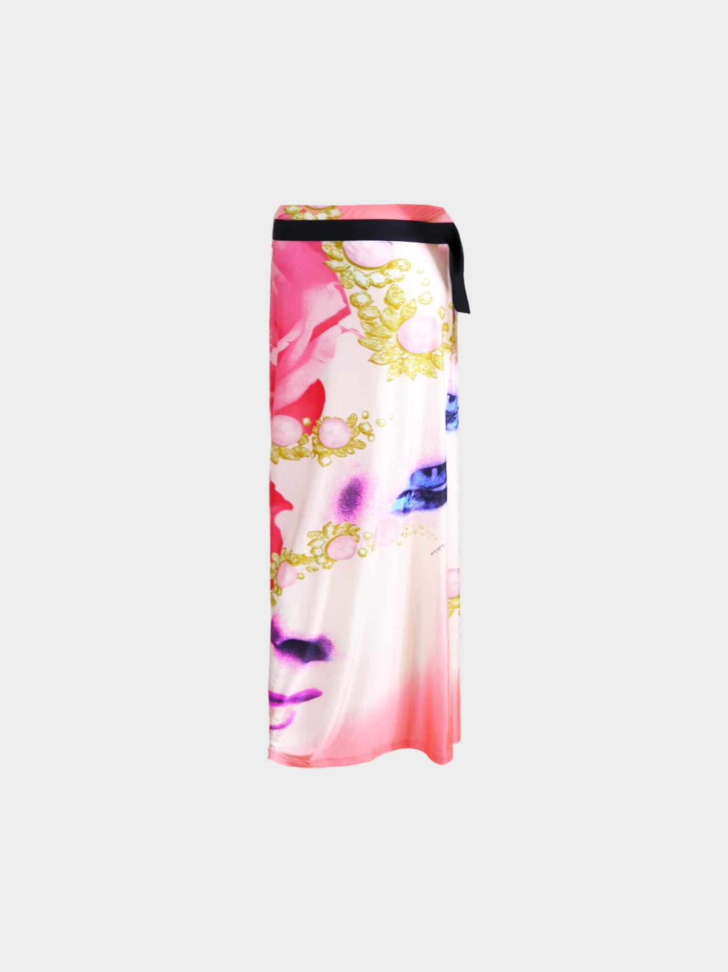 Roberto Cavalli SS 2001 Pink Liz Taylor Face Print Silk Maxi Skirt