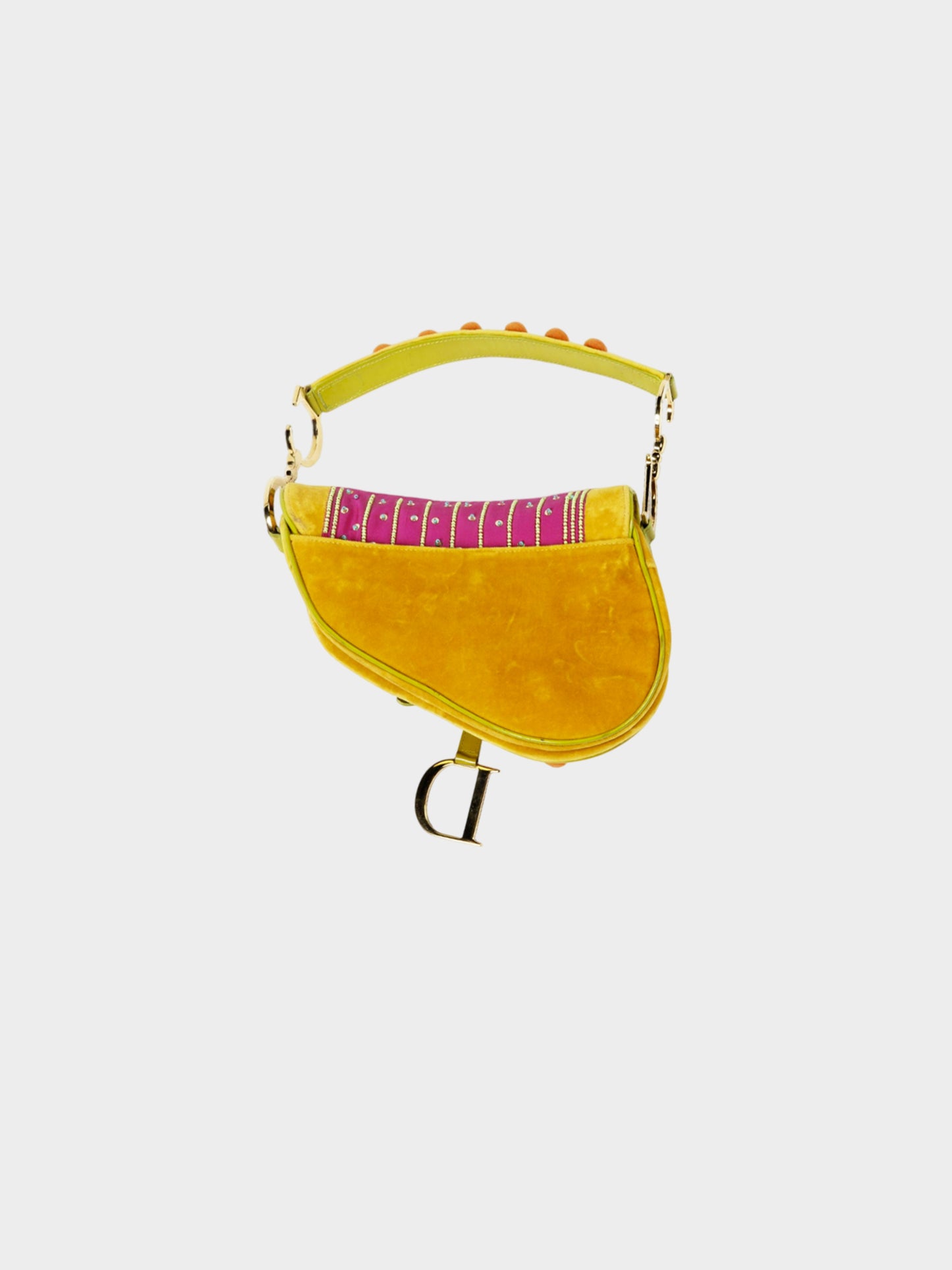 Christian Dior Spring 2002 Limited Edition Pink and Yellow Green Pom Pom Saddle Bag