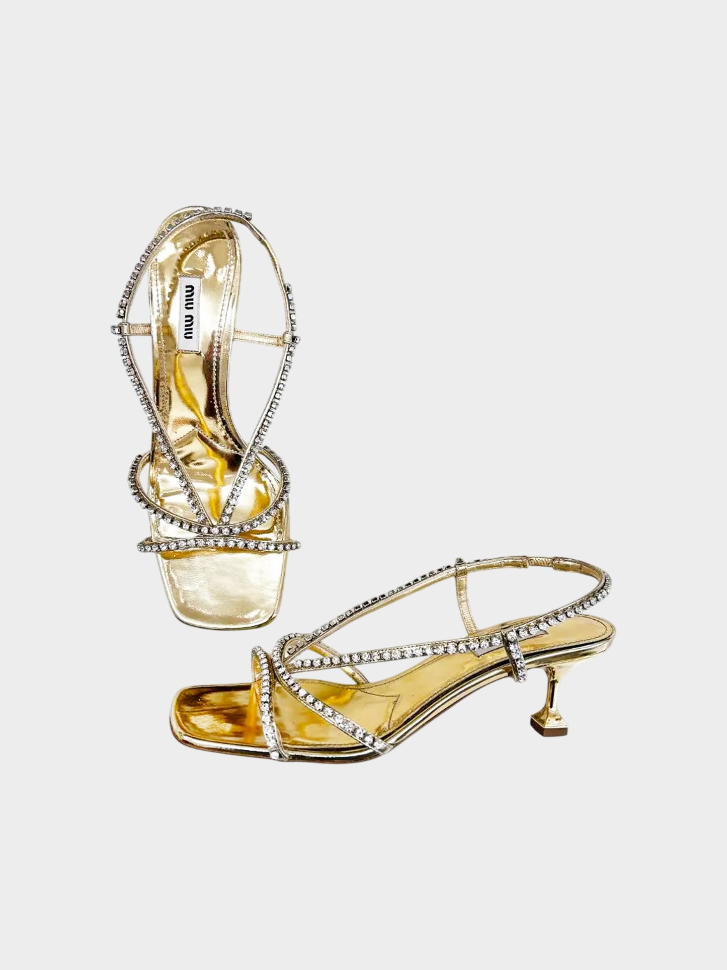 Miu Miu 2010s Gold and Crystals Strappy Patent Leather Heeled Sandals