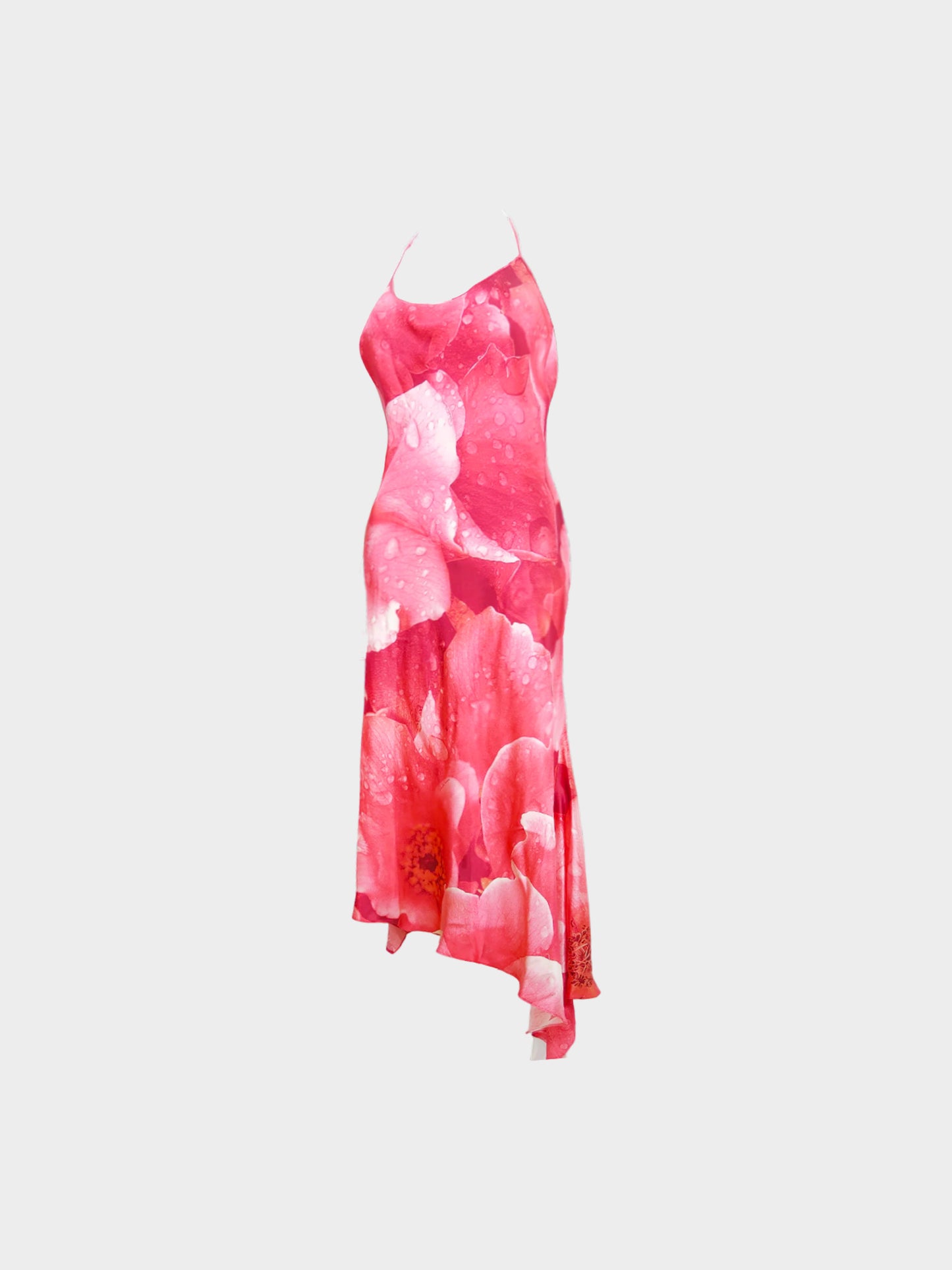 Roberto Cavalli 2000s Runway Pink Flower Printed Silk Maxi Dress