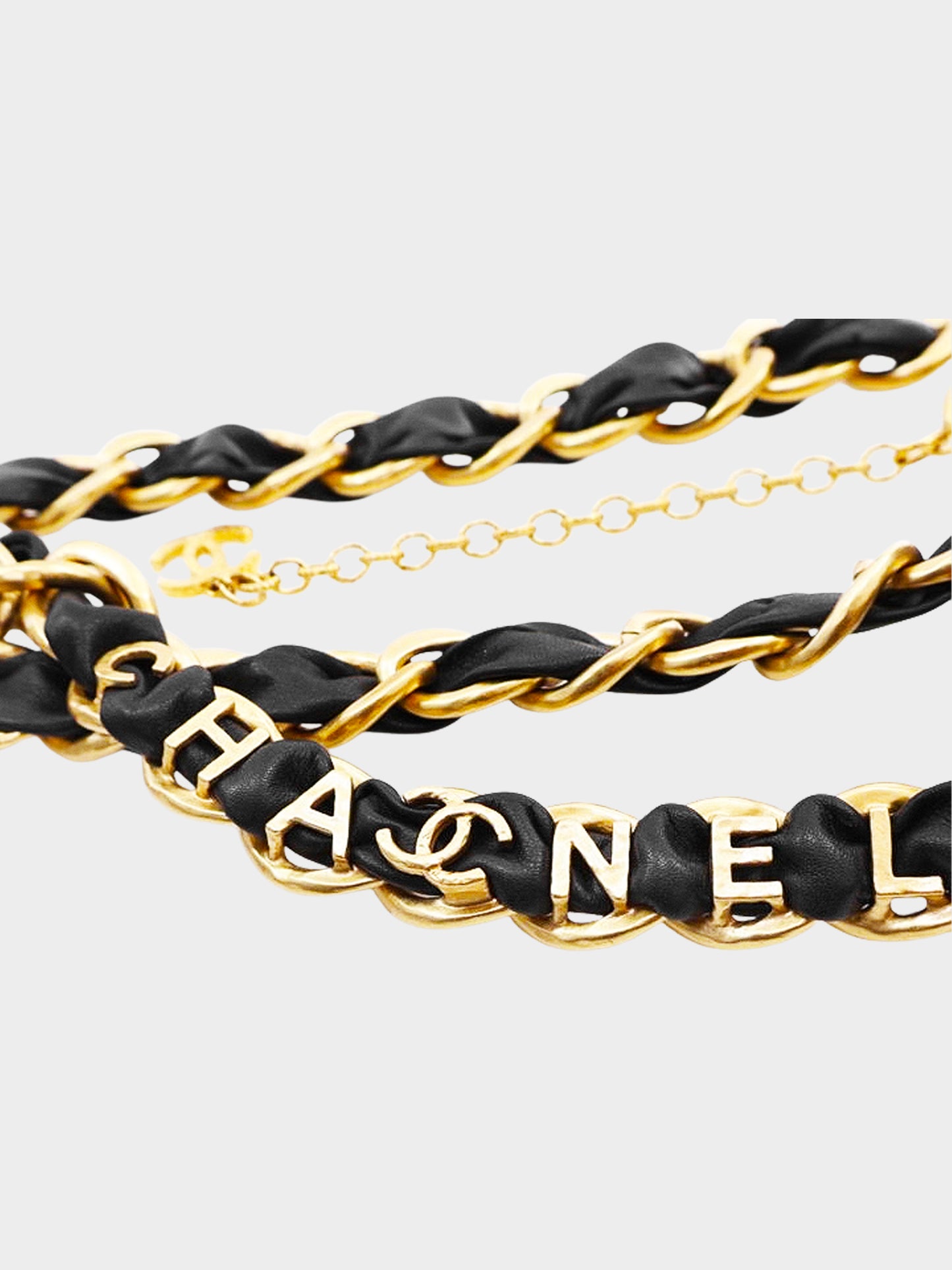 Chanel 1990s Gold and Black Leather Double Chain Logo Belt