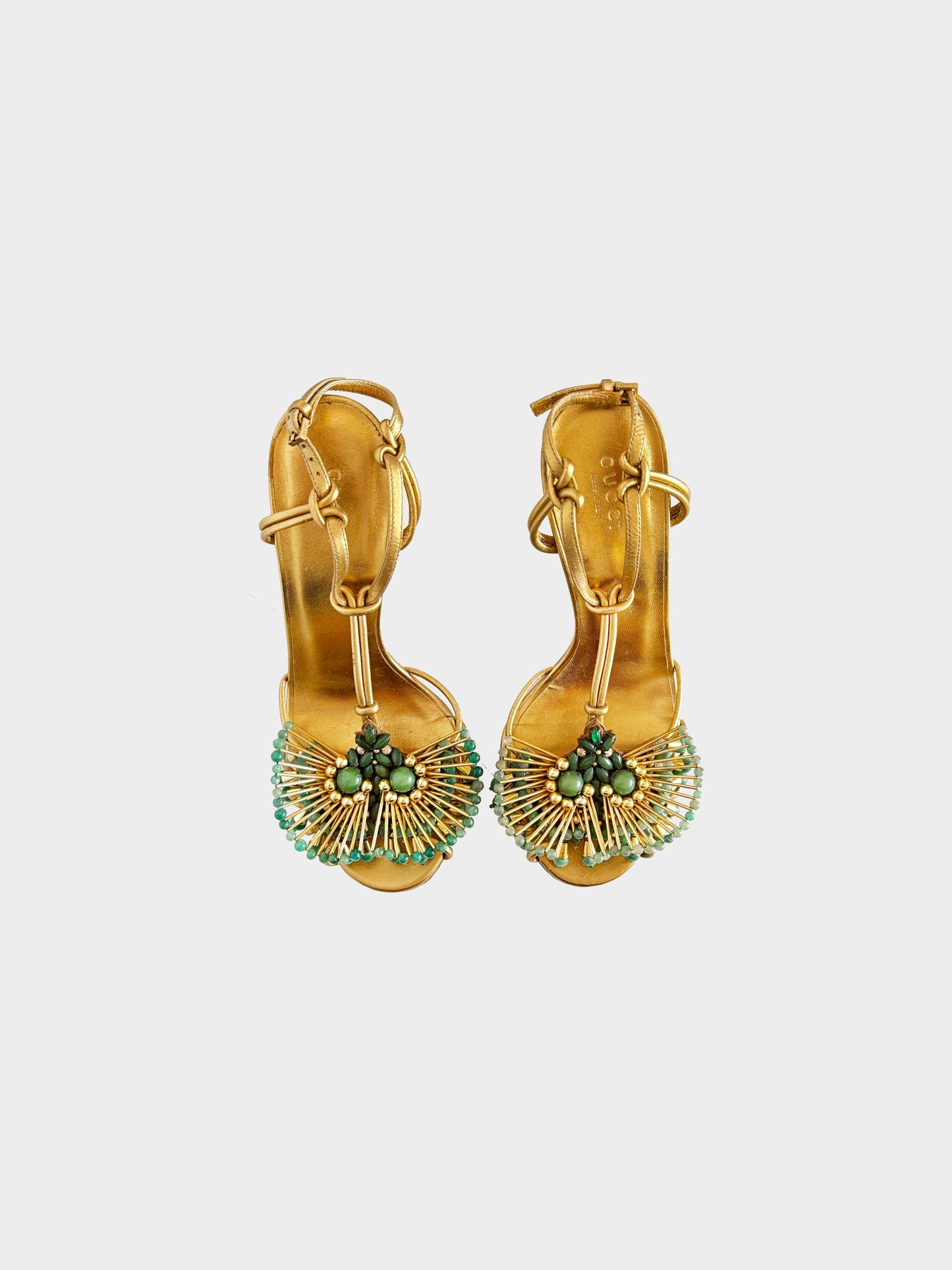 Gucci 2000s Gold Leather Phoebe Bead Embellished Heels