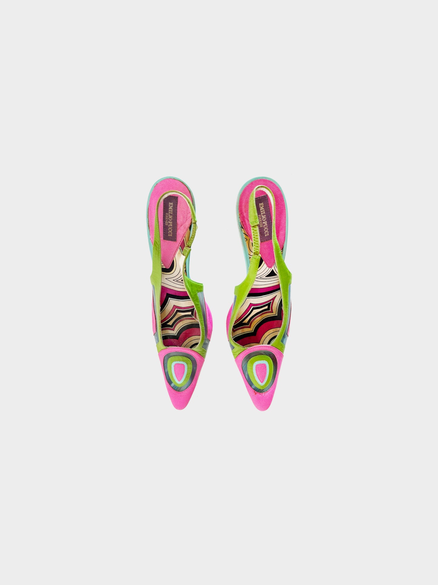 Emilio Pucci 2000s Pink, Green, and Blue Leather Color Block Slingback Heels