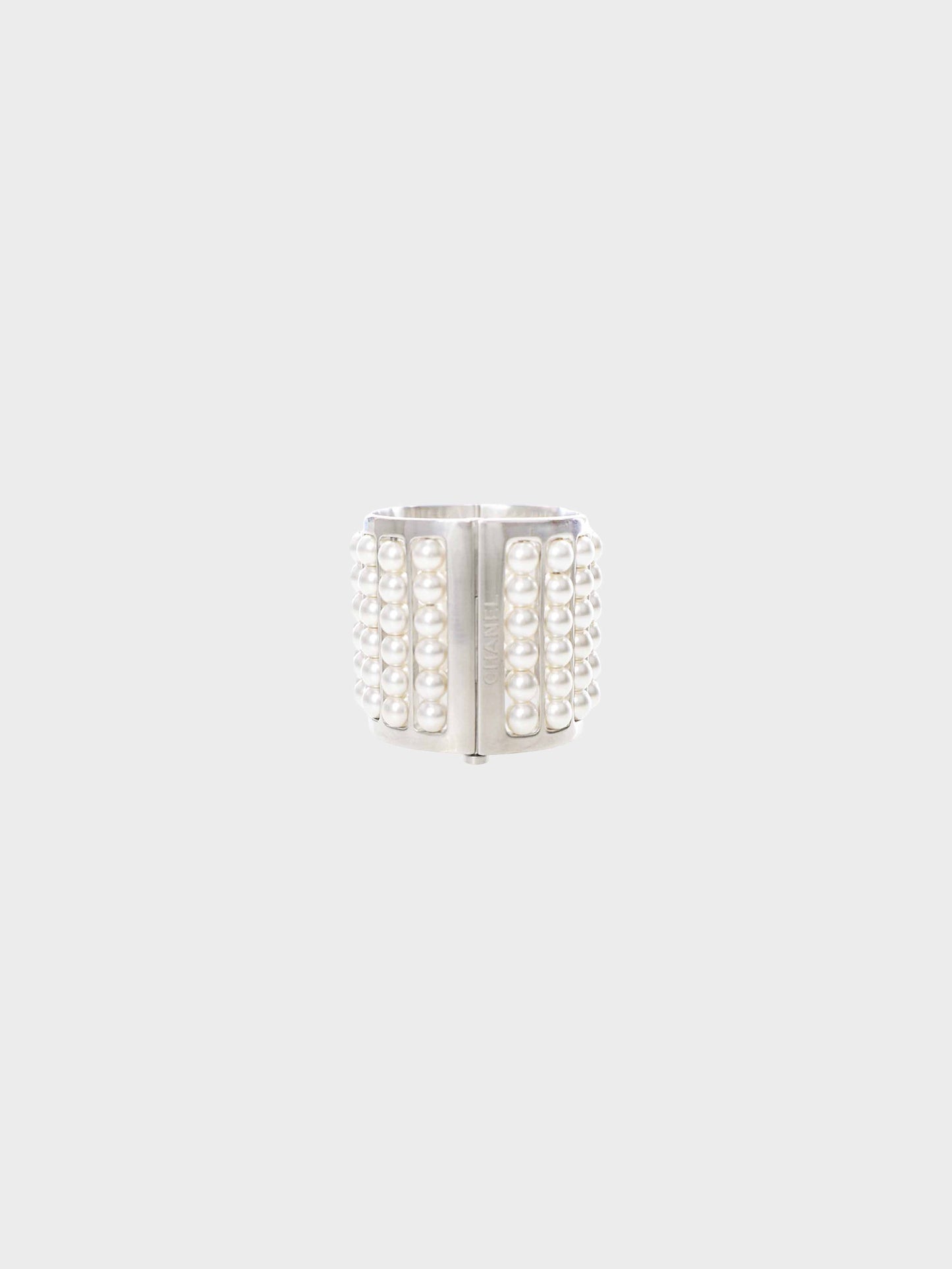 Chanel 2015 Silver Metal and Faux Pearls Wide Cuff Bracelet